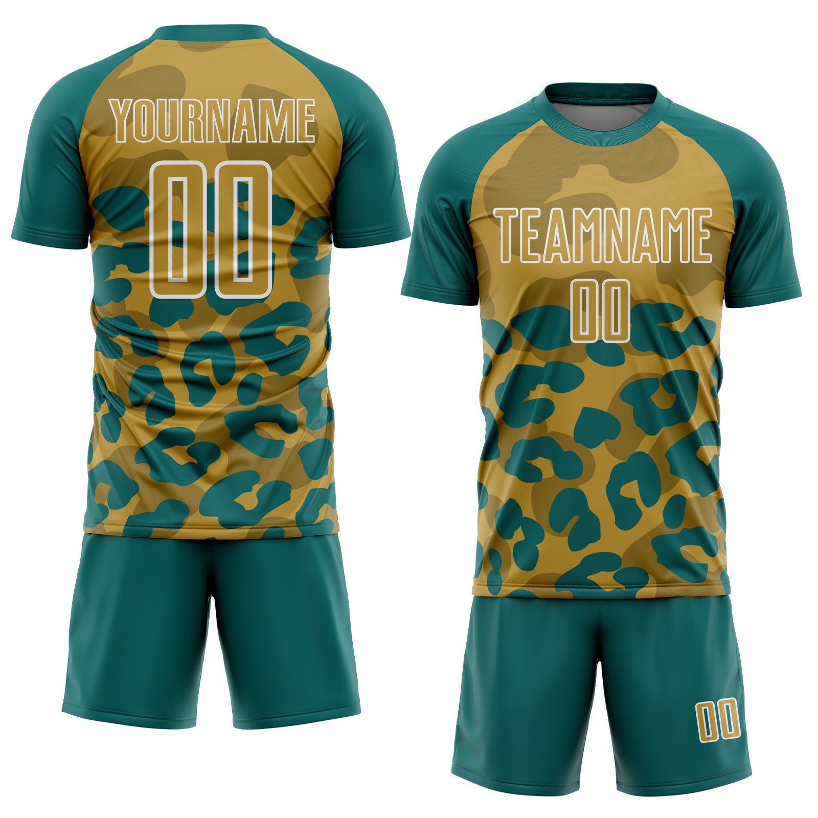 Custom Teal Old Gold-White Animal Leopard Print Sports Sublimation Soccer Uniform Jersey