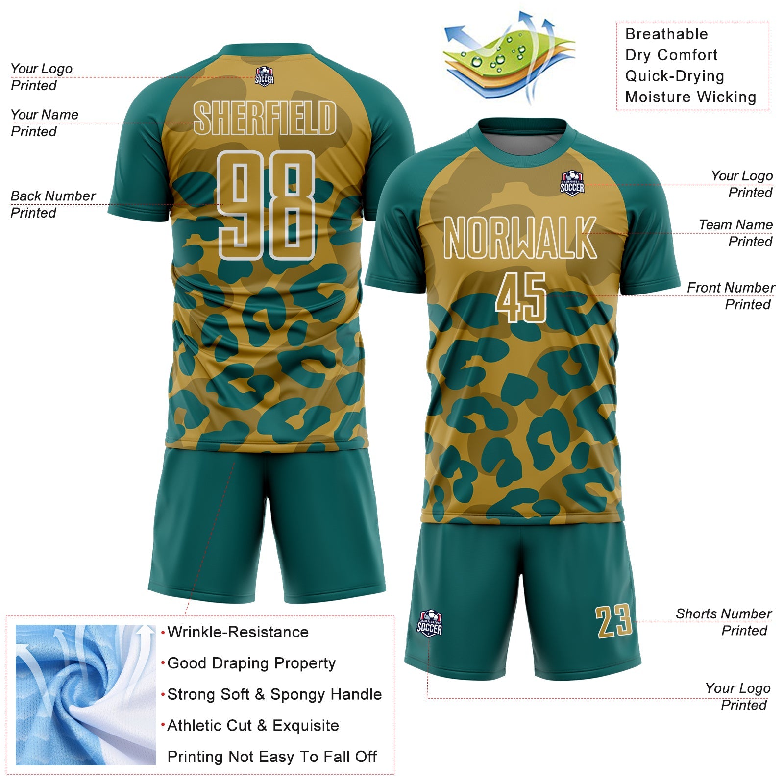 Custom Teal Old Gold-White Animal Leopard Print Sports Sublimation Soccer Uniform Jersey