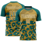 Custom Teal Old Gold-White Animal Leopard Print Sports Sublimation Soccer Uniform Jersey