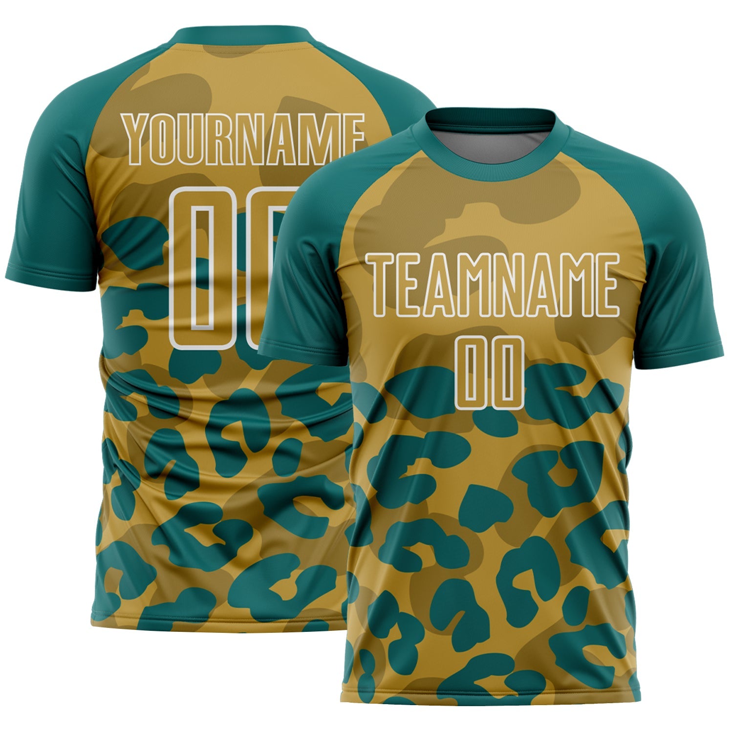 Custom Teal Old Gold-White Animal Leopard Print Sports Sublimation Soccer Uniform Jersey