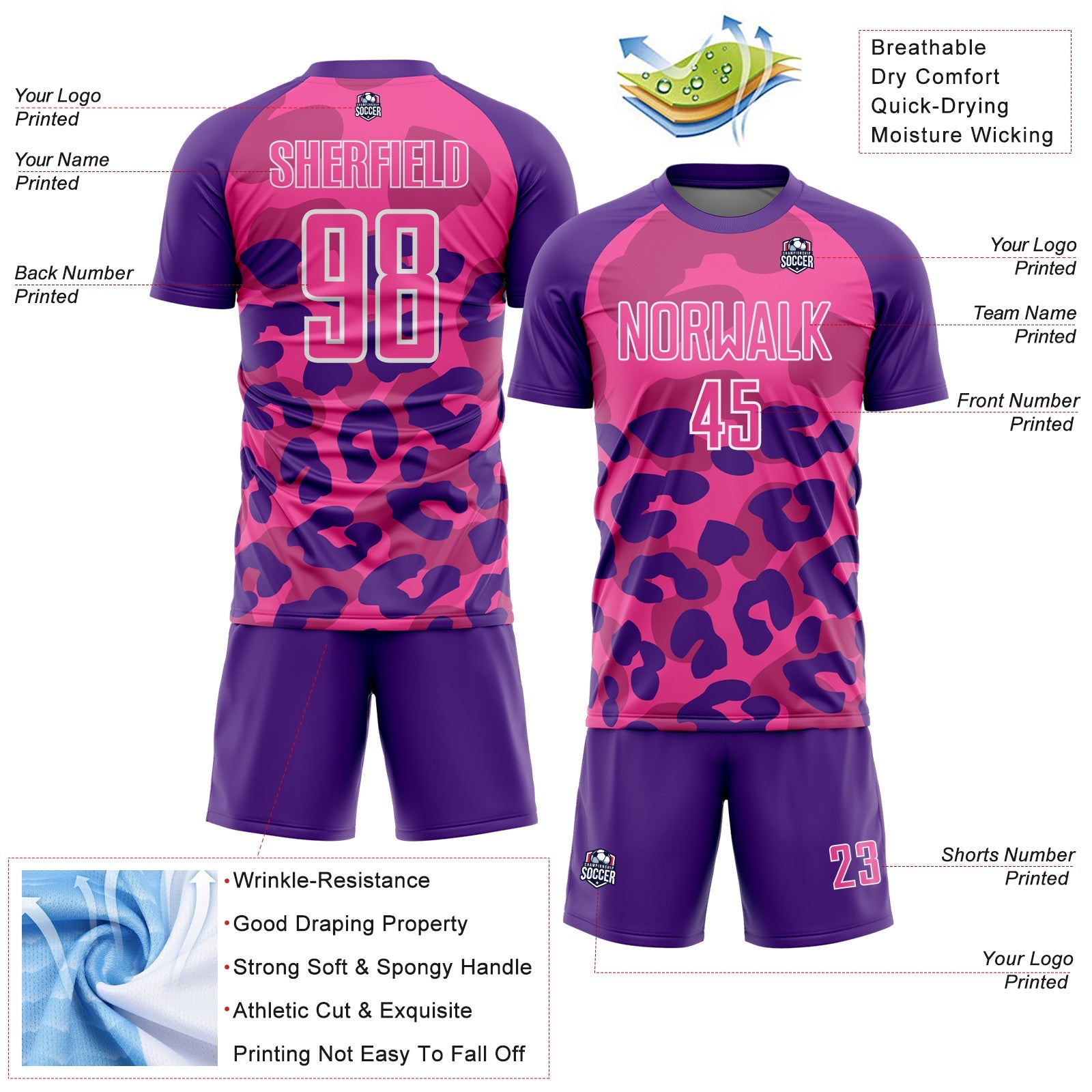 Custom Purple Pink-White Animal Leopard Print Sports Sublimation Soccer Uniform Jersey