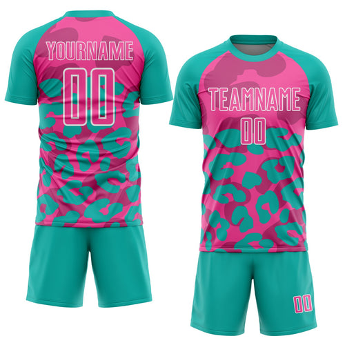 Custom Aqua Pink-White Animal Leopard Print Sports Sublimation Soccer Uniform Jersey