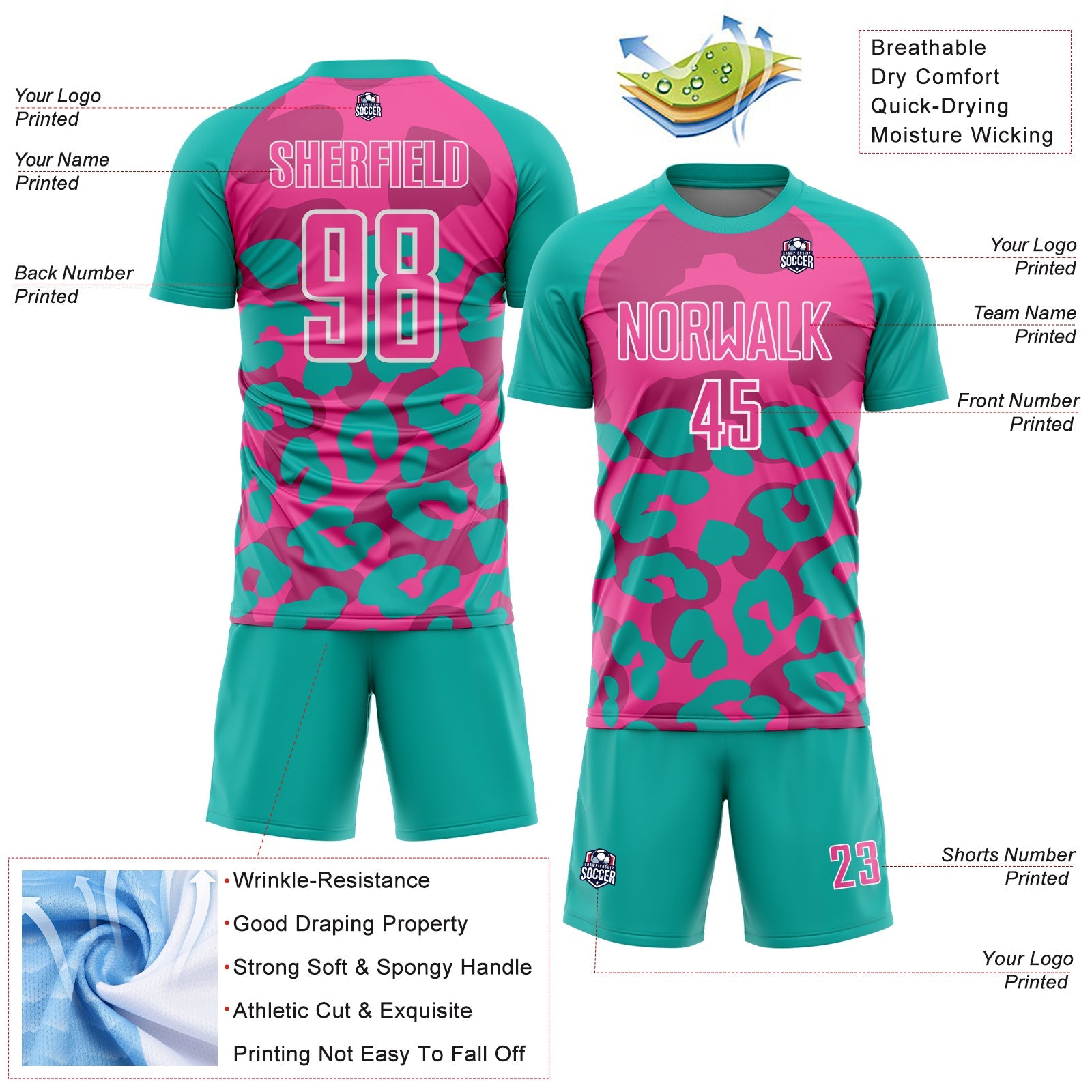 Custom Aqua Pink-White Animal Leopard Print Sports Sublimation Soccer Uniform Jersey