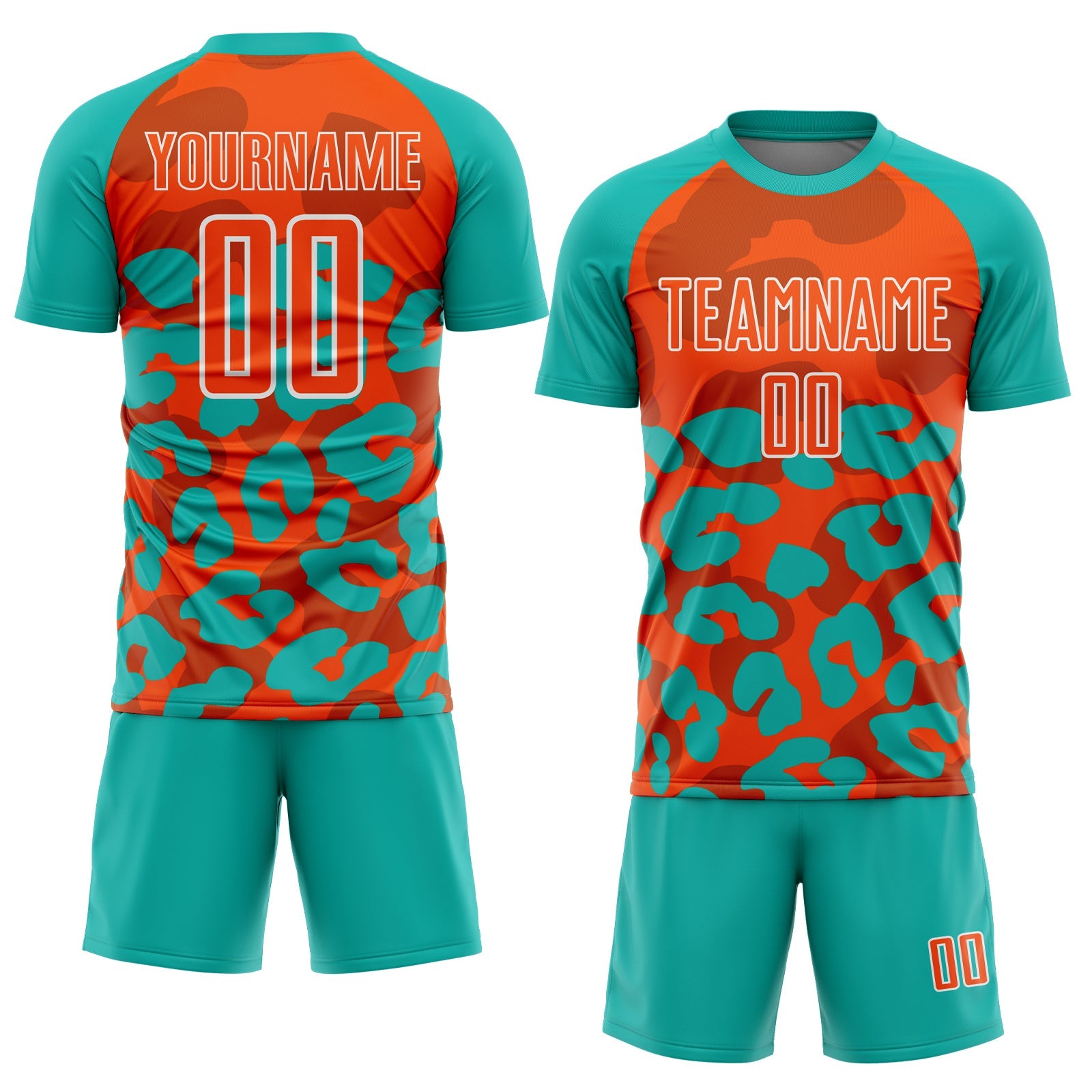 Custom Aqua Orange-White Animal Leopard Print Sports Sublimation Soccer Uniform Jersey