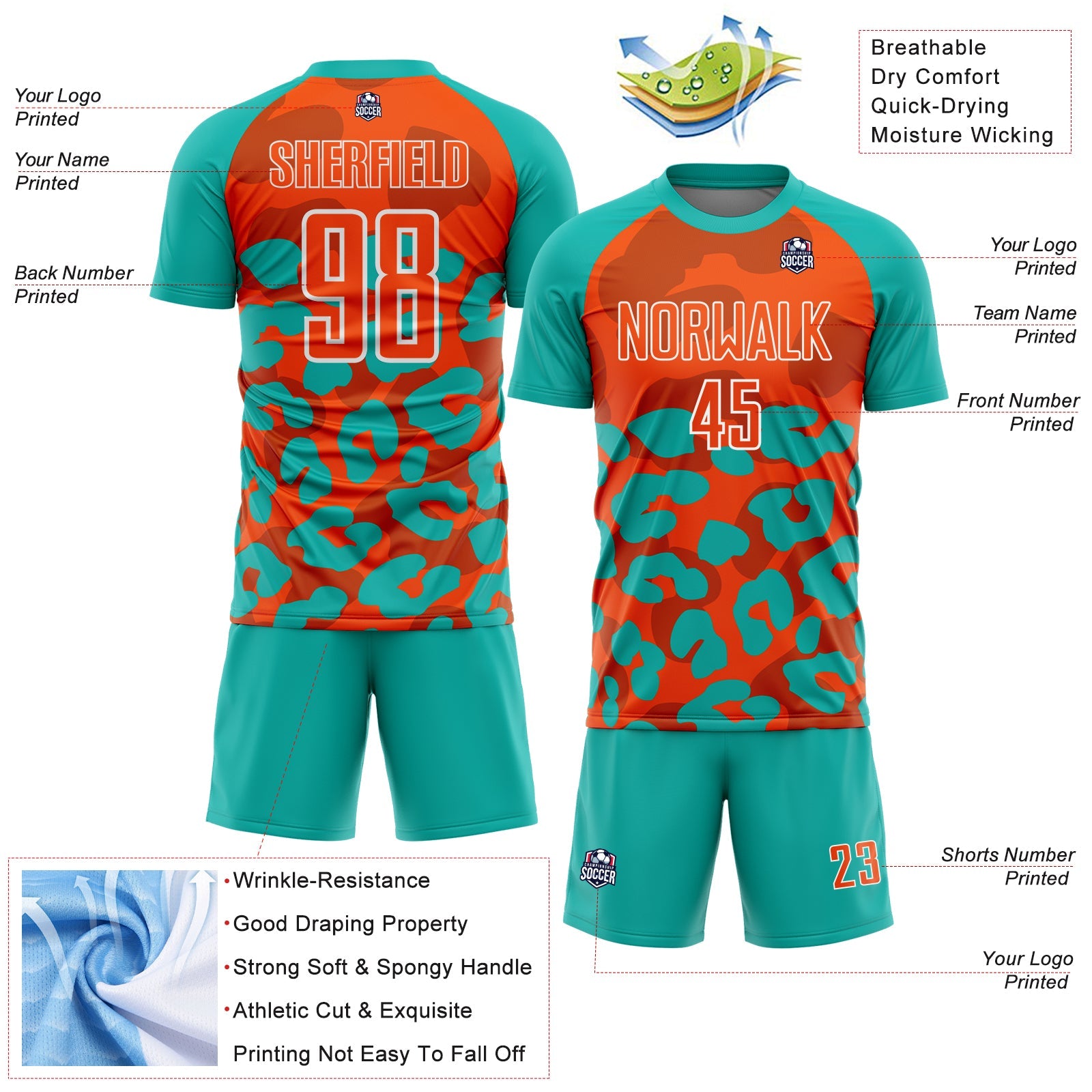 Custom Aqua Orange-White Animal Leopard Print Sports Sublimation Soccer Uniform Jersey