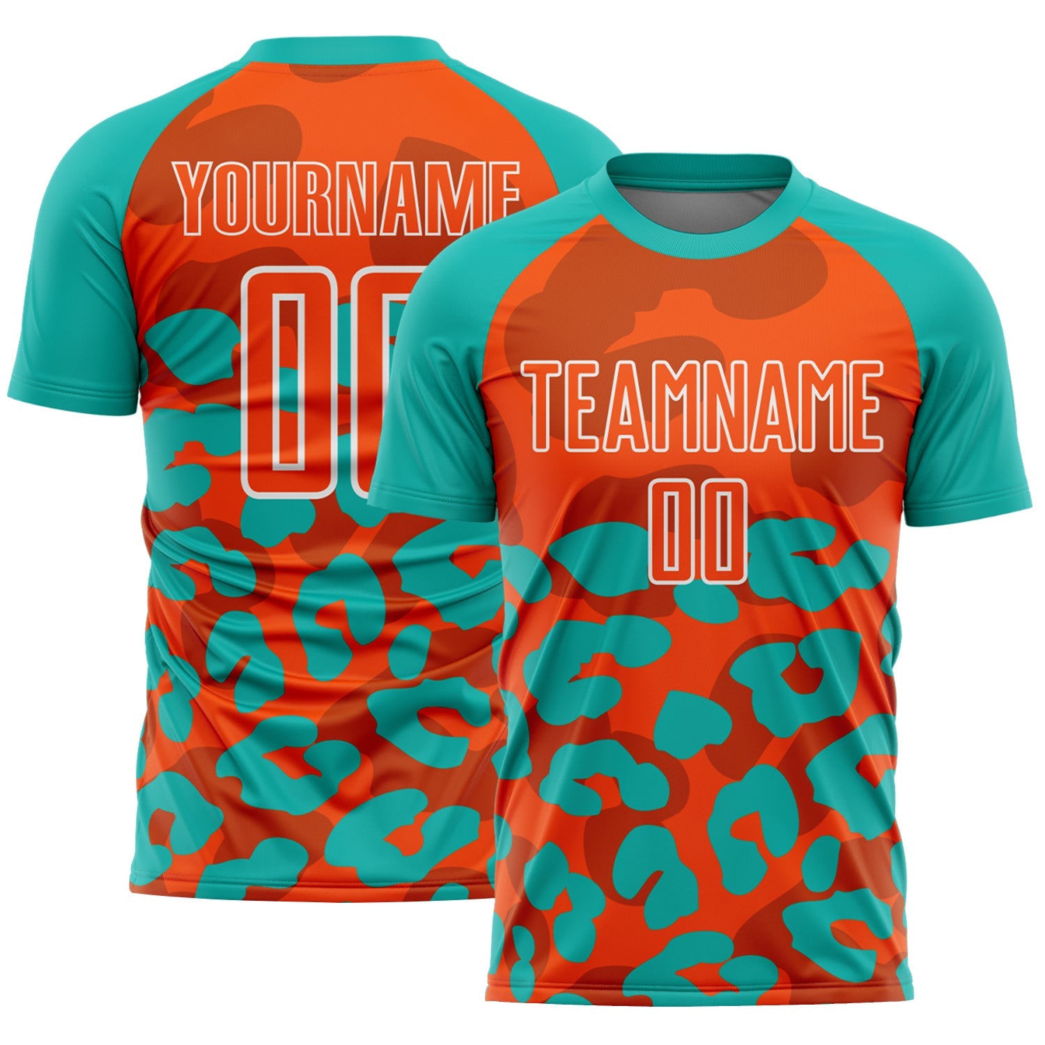Custom Aqua Orange-White Animal Leopard Print Sports Sublimation Soccer Uniform Jersey