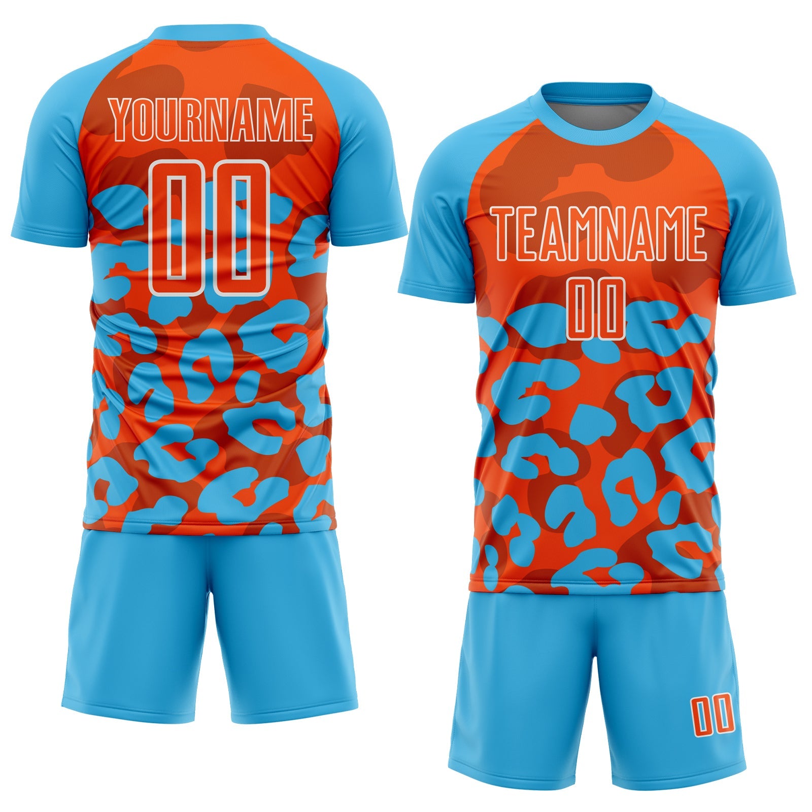 Custom Sky Blue Orange-White Animal Leopard Print Sports Sublimation Soccer Uniform Jersey