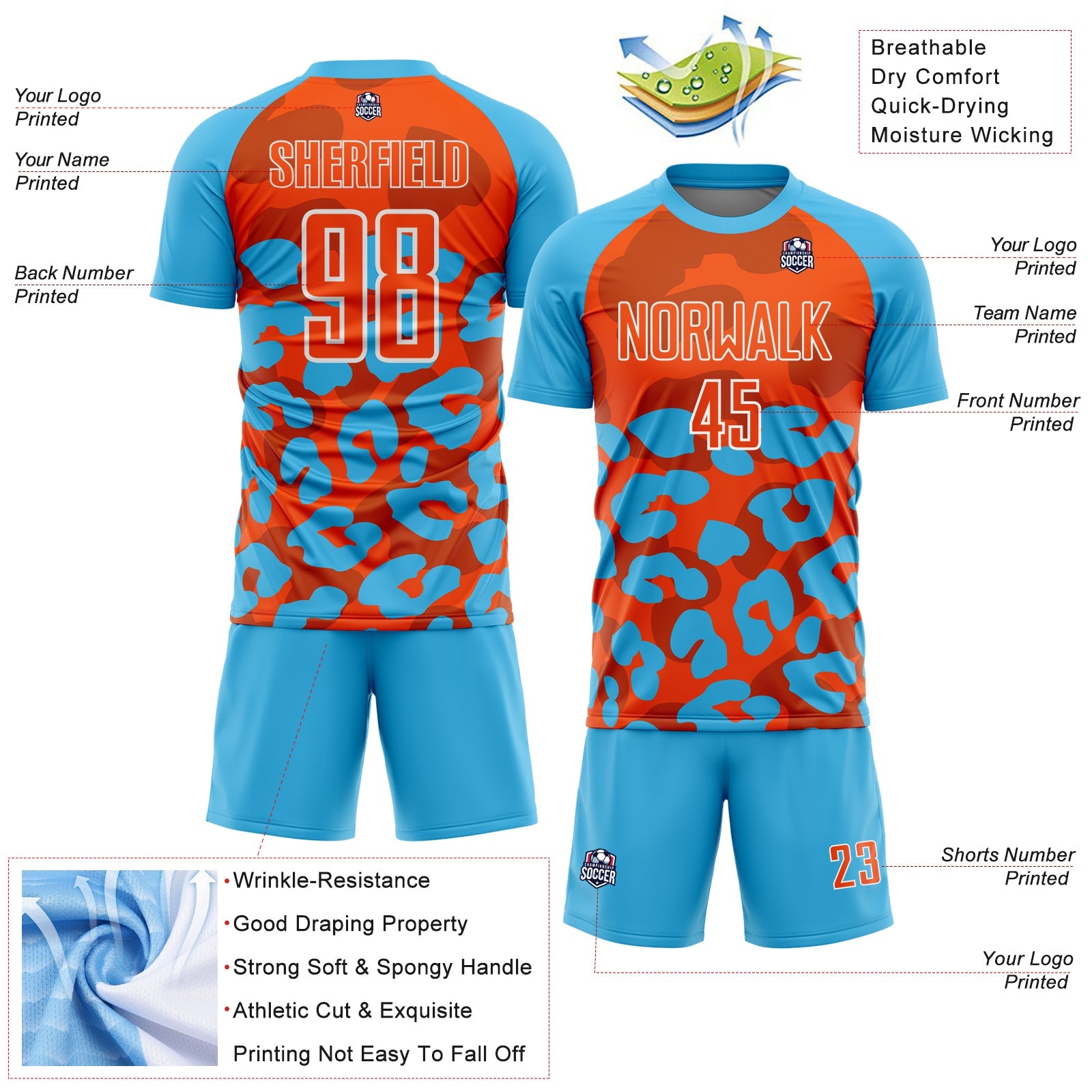 Custom Sky Blue Orange-White Animal Leopard Print Sports Sublimation Soccer Uniform Jersey