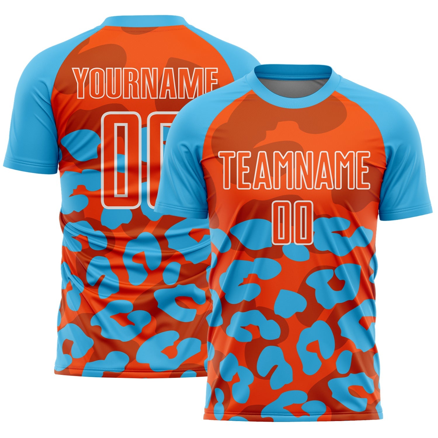 Custom Sky Blue Orange-White Animal Leopard Print Sports Sublimation Soccer Uniform Jersey