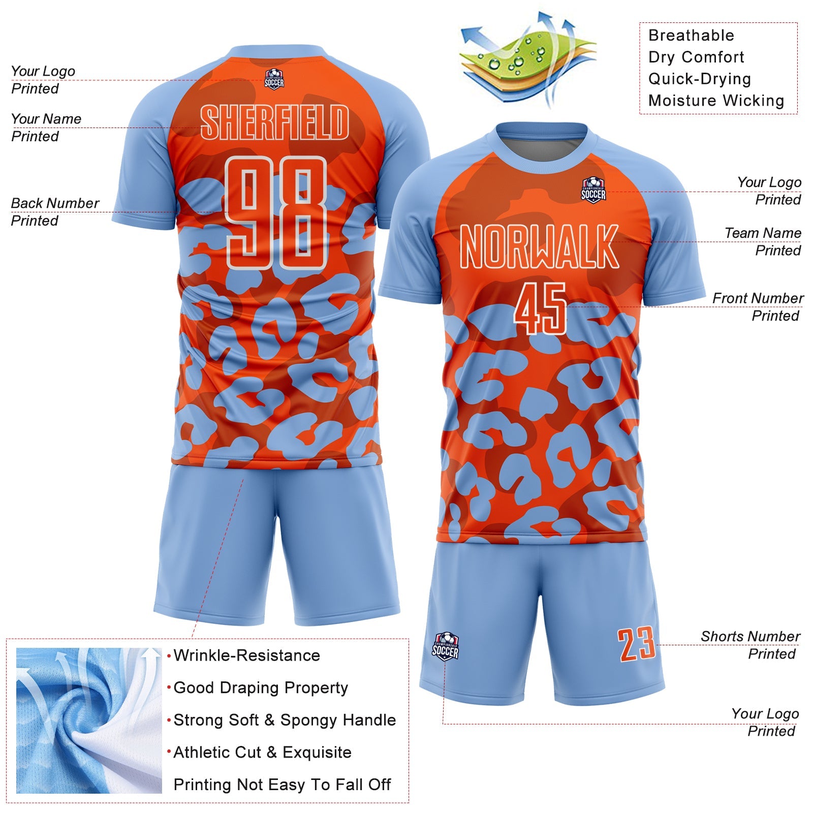 Custom Light Blue Orange-White Animal Leopard Print Sports Sublimation Soccer Uniform Jersey