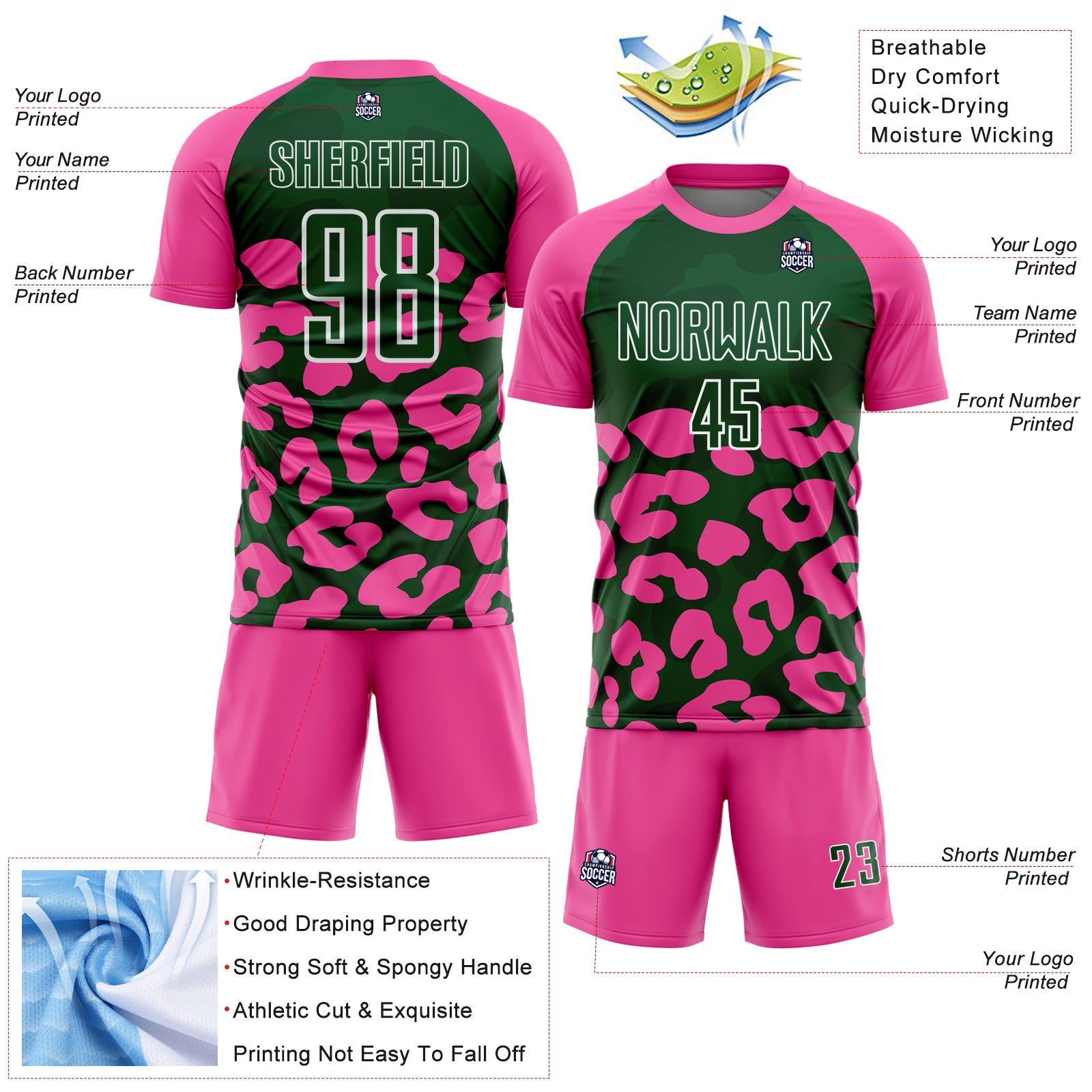 Custom Pink Green-White Animal Leopard Print Sports Sublimation Soccer Uniform Jersey