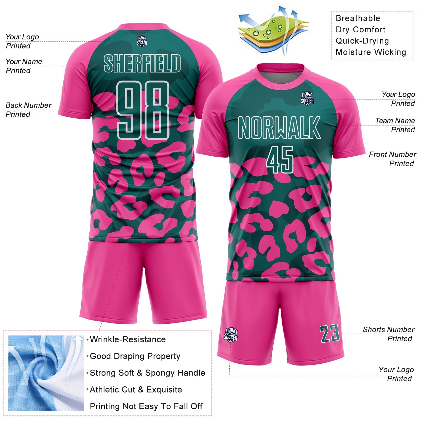 Custom Pink Teal-White Animal Leopard Print Sports Sublimation Soccer Uniform Jersey