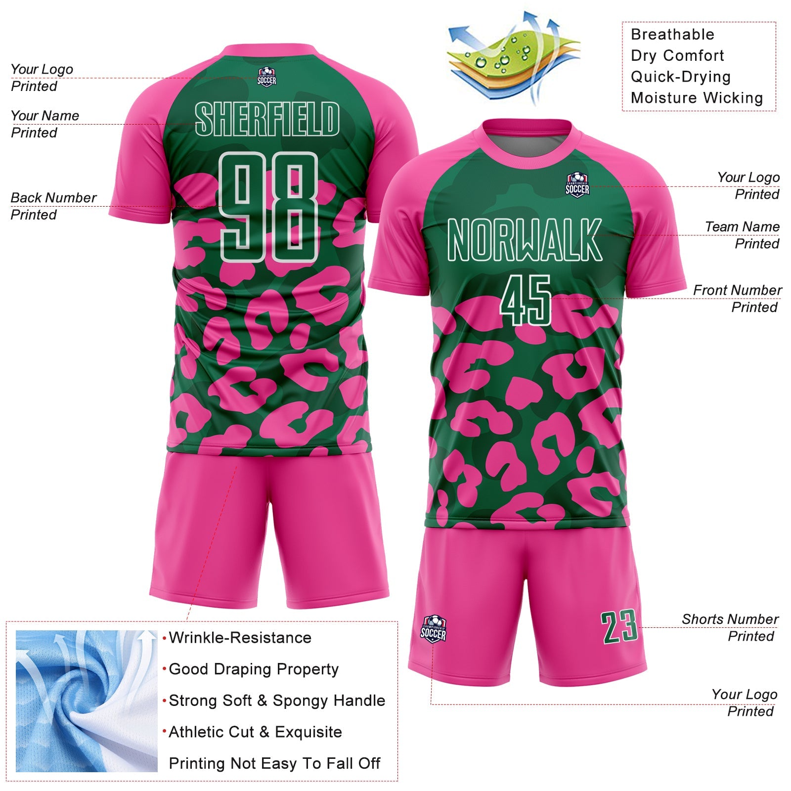Custom Pink Kelly Green-White Animal Leopard Print Sports Sublimation Soccer Uniform Jersey
