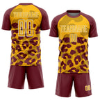 Custom Burgundy Gold-White Animal Leopard Print Sports Sublimation Soccer Uniform Jersey