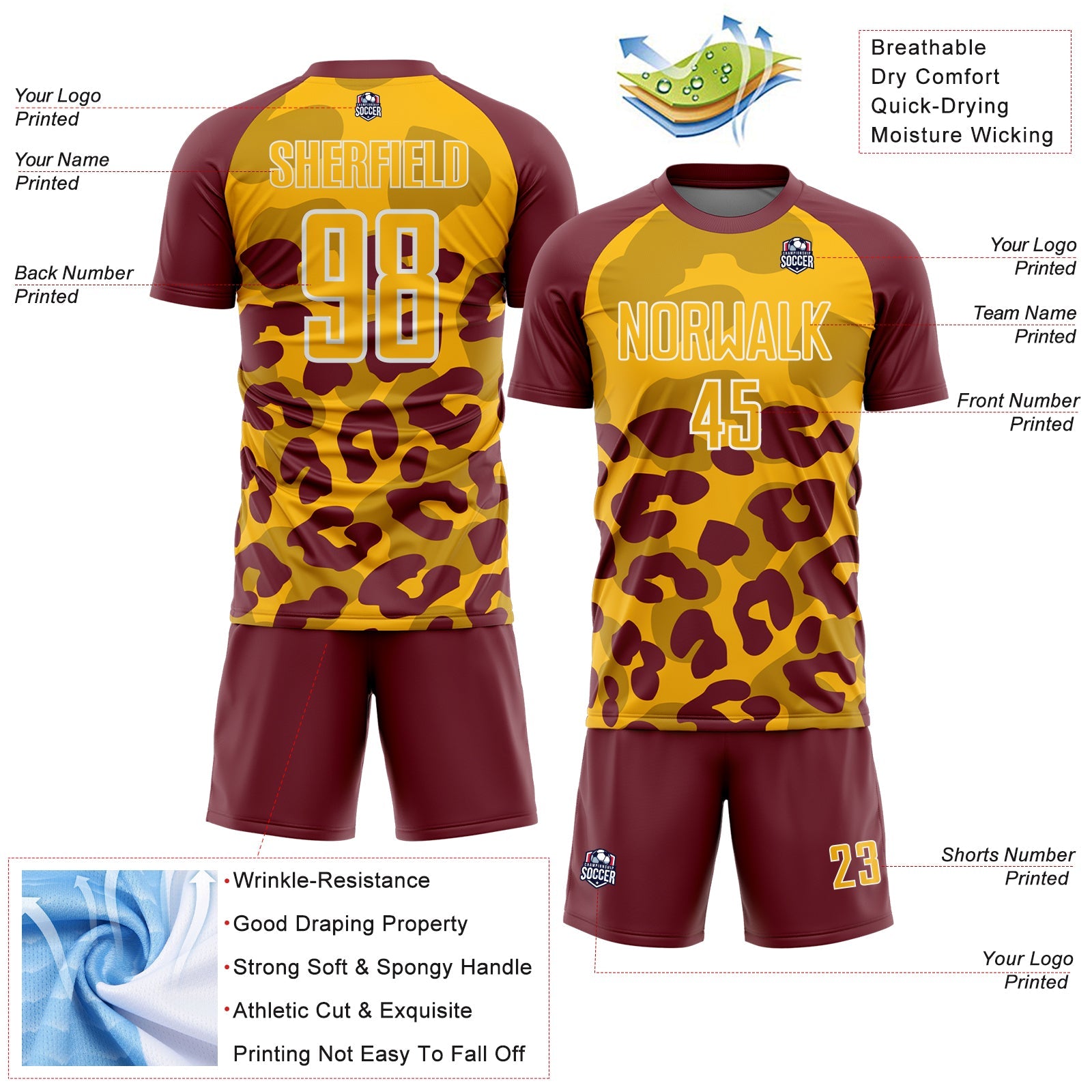Custom Burgundy Gold-White Animal Leopard Print Sports Sublimation Soccer Uniform Jersey
