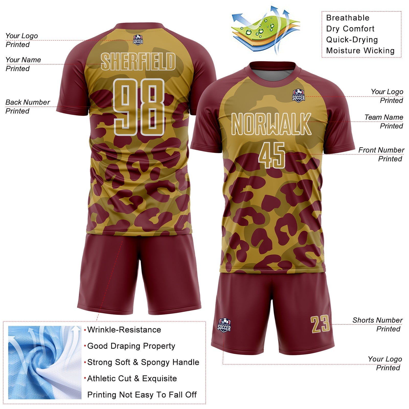 Custom Burgundy Old Gold-White Animal Leopard Print Sports Sublimation Soccer Uniform Jersey