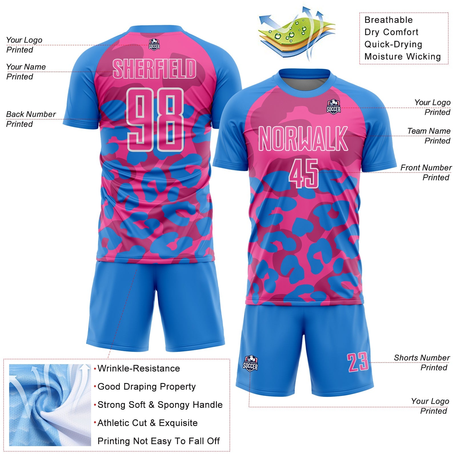 Custom Powder Blue Pink-White Animal Leopard Print Sports Sublimation Soccer Uniform Jersey