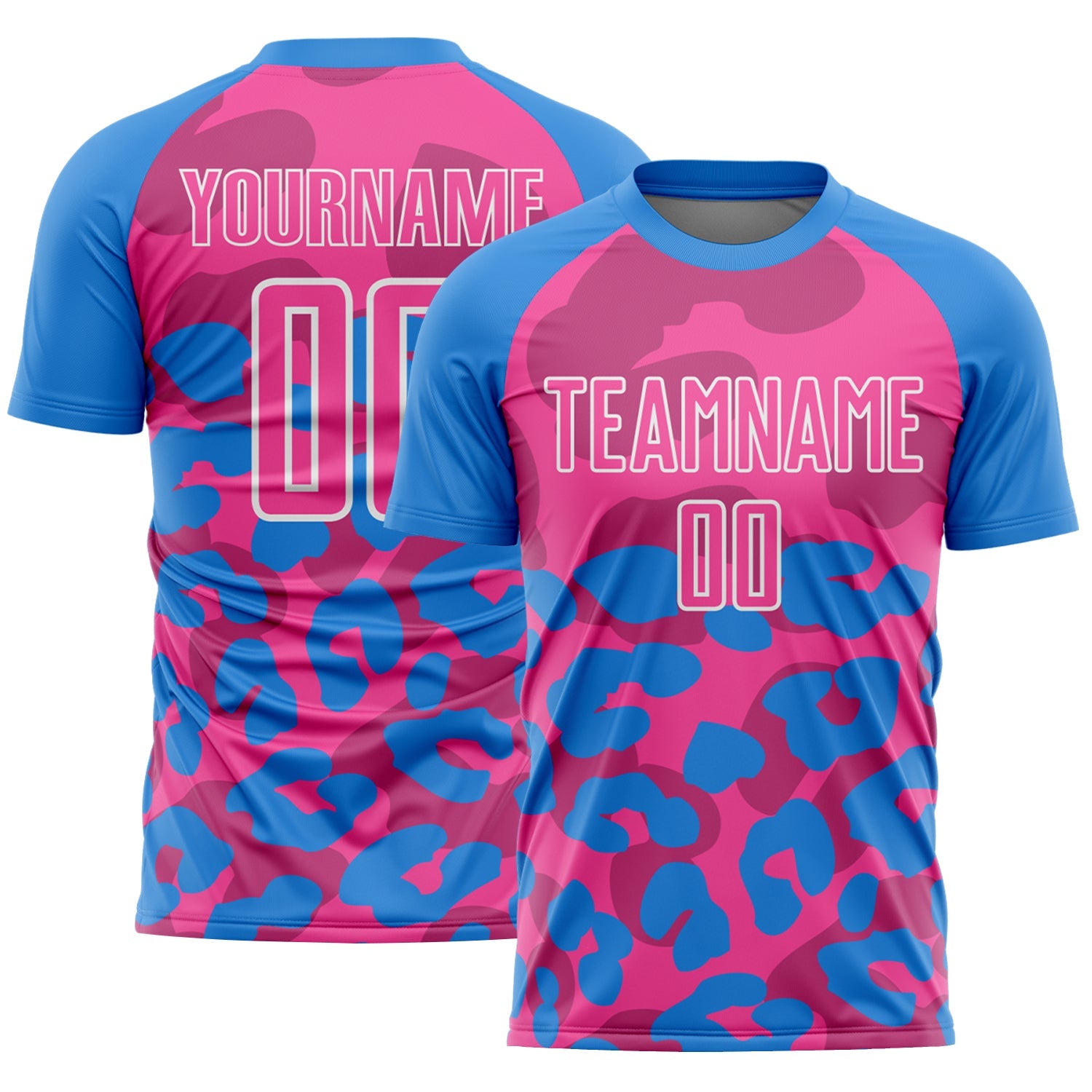 Custom Powder Blue Pink-White Animal Leopard Print Sports Sublimation Soccer Uniform Jersey