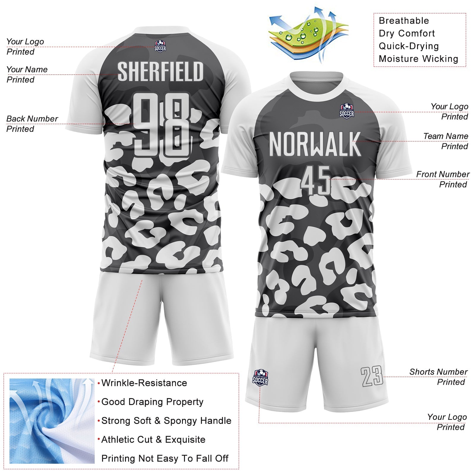 Custom White Steel Gray Animal Leopard Print Sports Sublimation Soccer Uniform Jersey