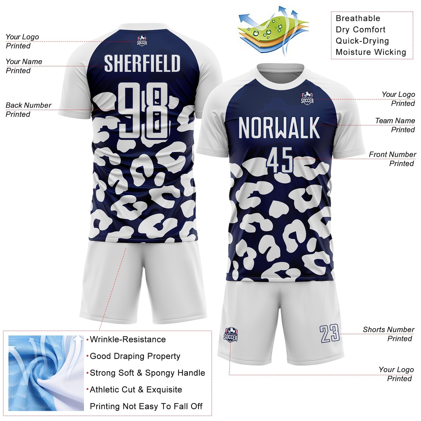 Custom White Navy Animal Leopard Print Sports Sublimation Soccer Uniform Jersey