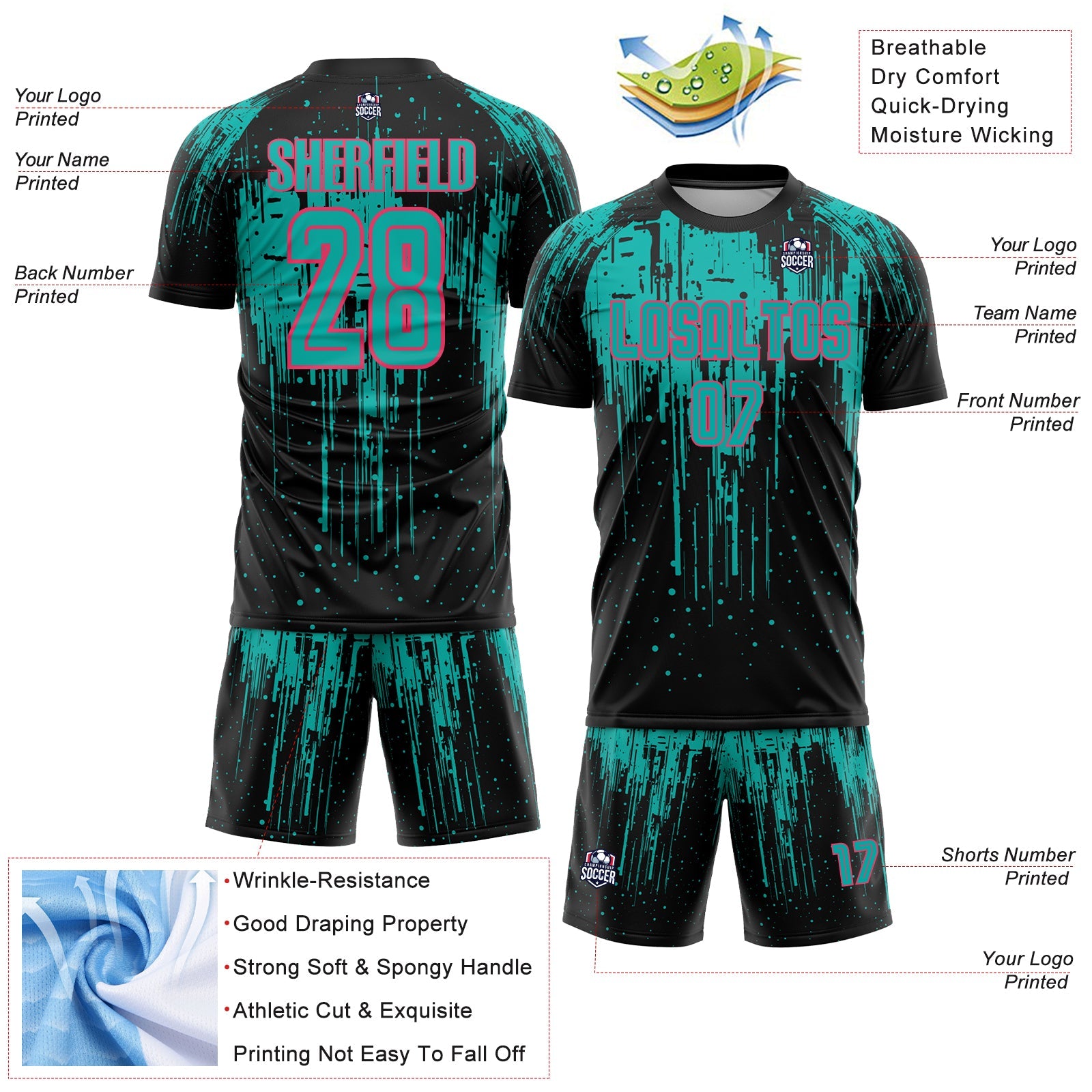 Custom Black Aqua-Neon Pink Dripping Splatte Pattern Sports Sublimation Soccer Uniform Jersey