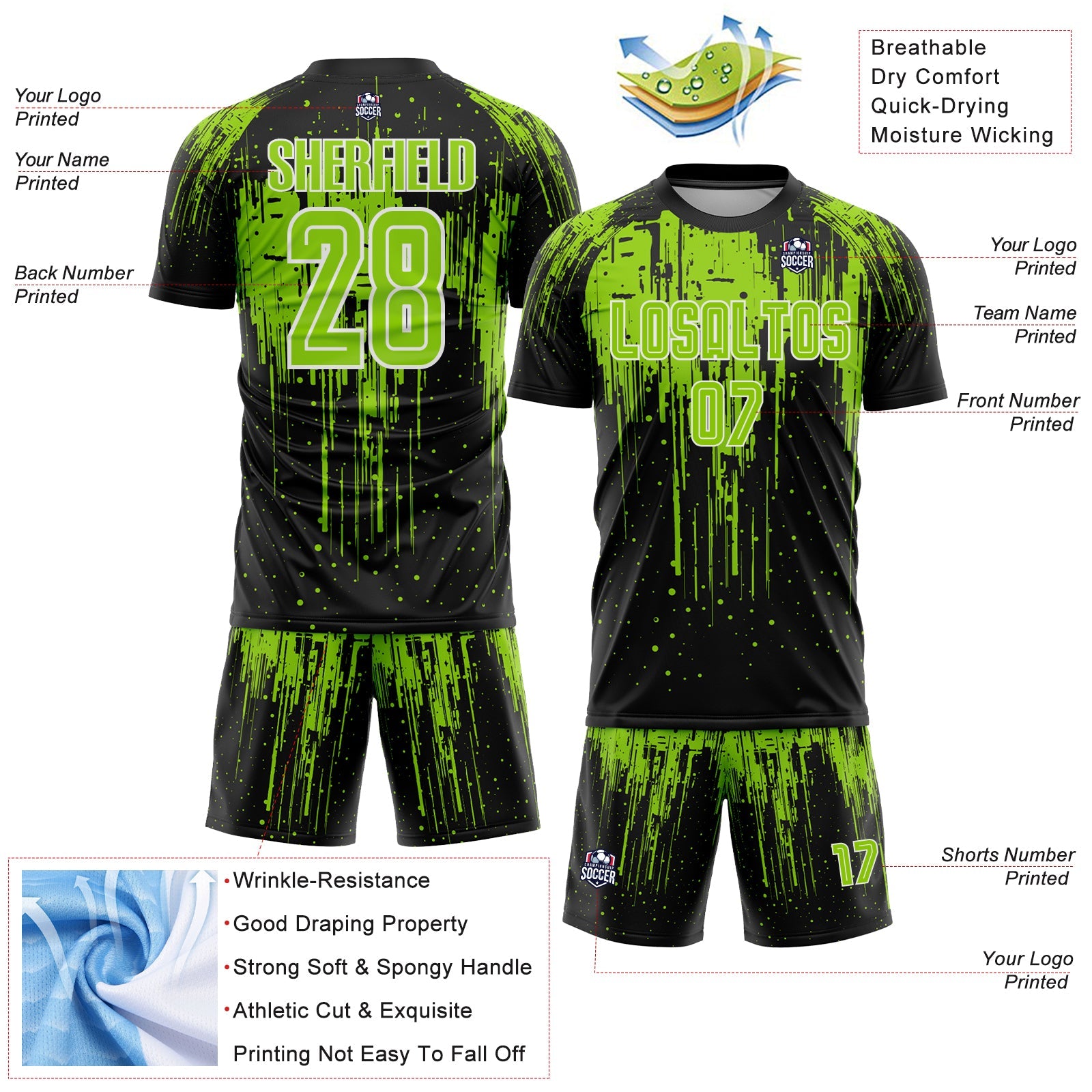 Custom Black Neon Green-White Dripping Splatte Pattern Sports Sublimation Soccer Uniform Jersey