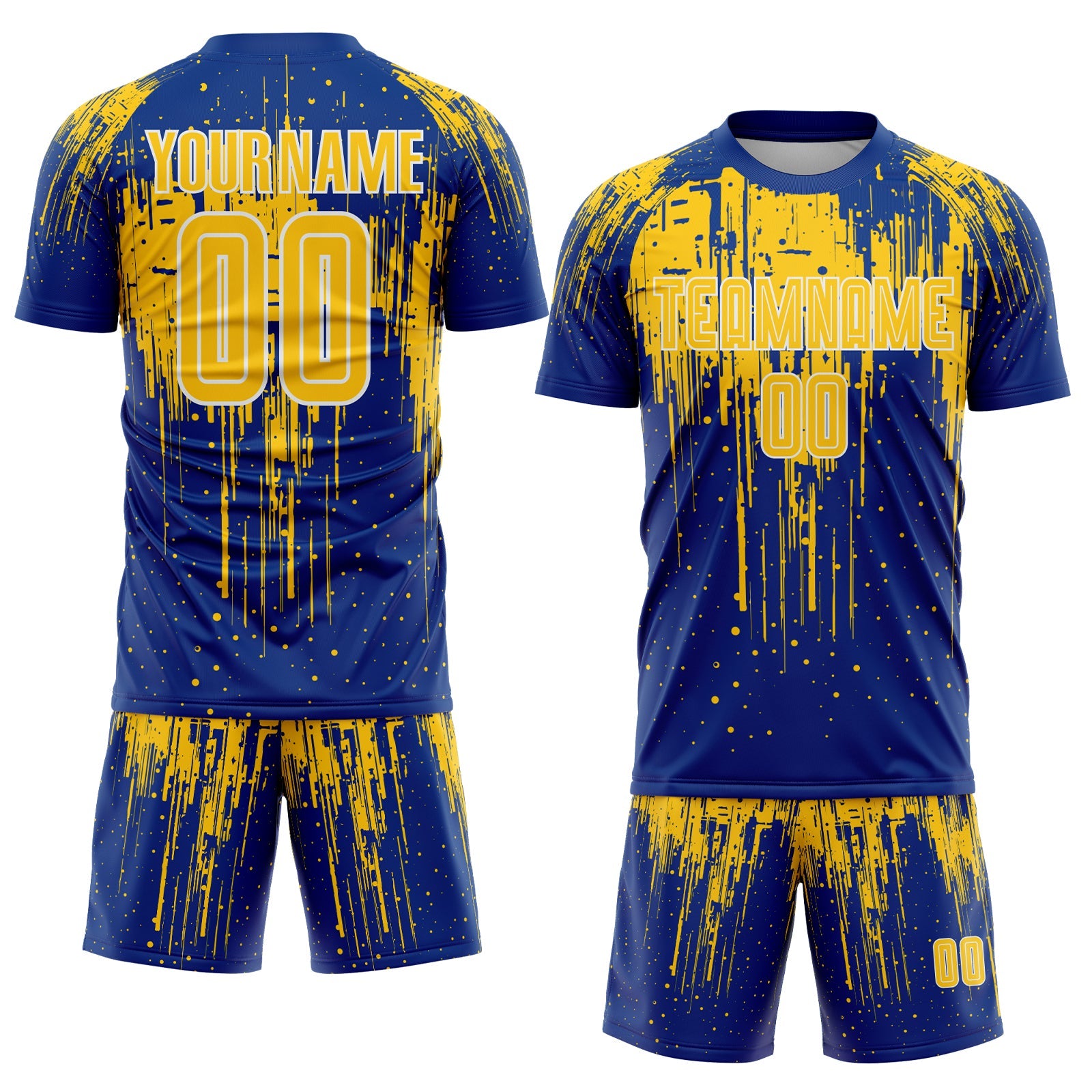 Custom Royal Yellow-White Dripping Splatte Pattern Sports Sublimation Soccer Uniform Jersey