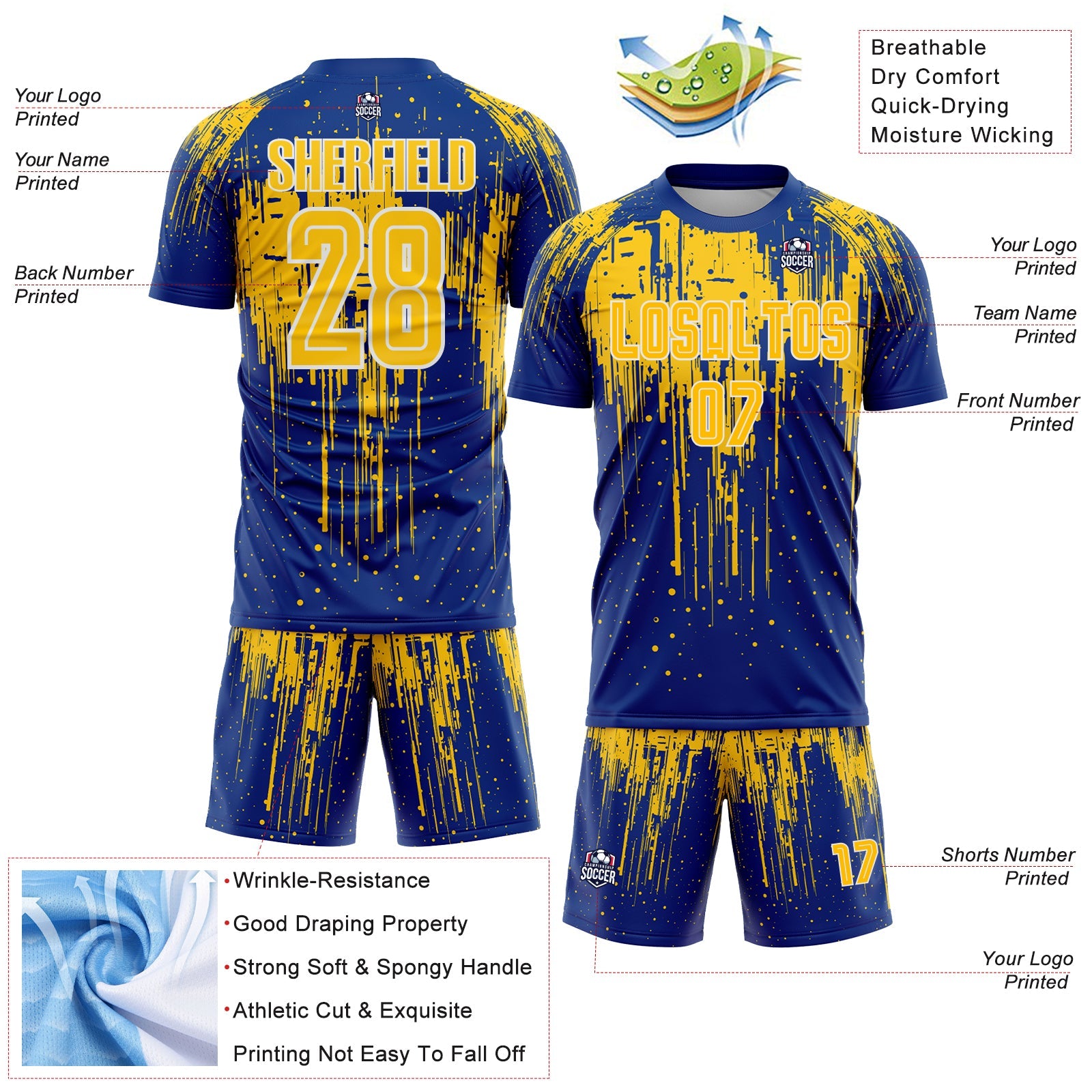 Custom Royal Yellow-White Dripping Splatte Pattern Sports Sublimation Soccer Uniform Jersey
