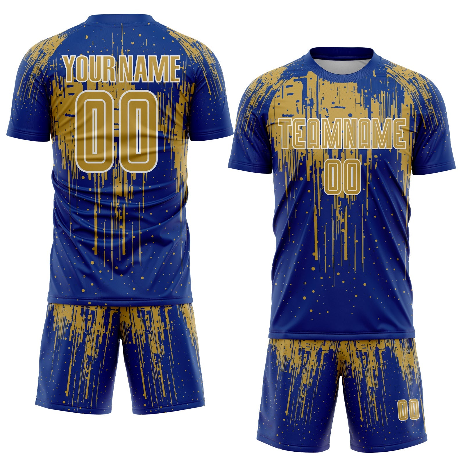 Custom Royal Old Gold-White Dripping Splatte Pattern Sports Sublimation Soccer Uniform Jersey
