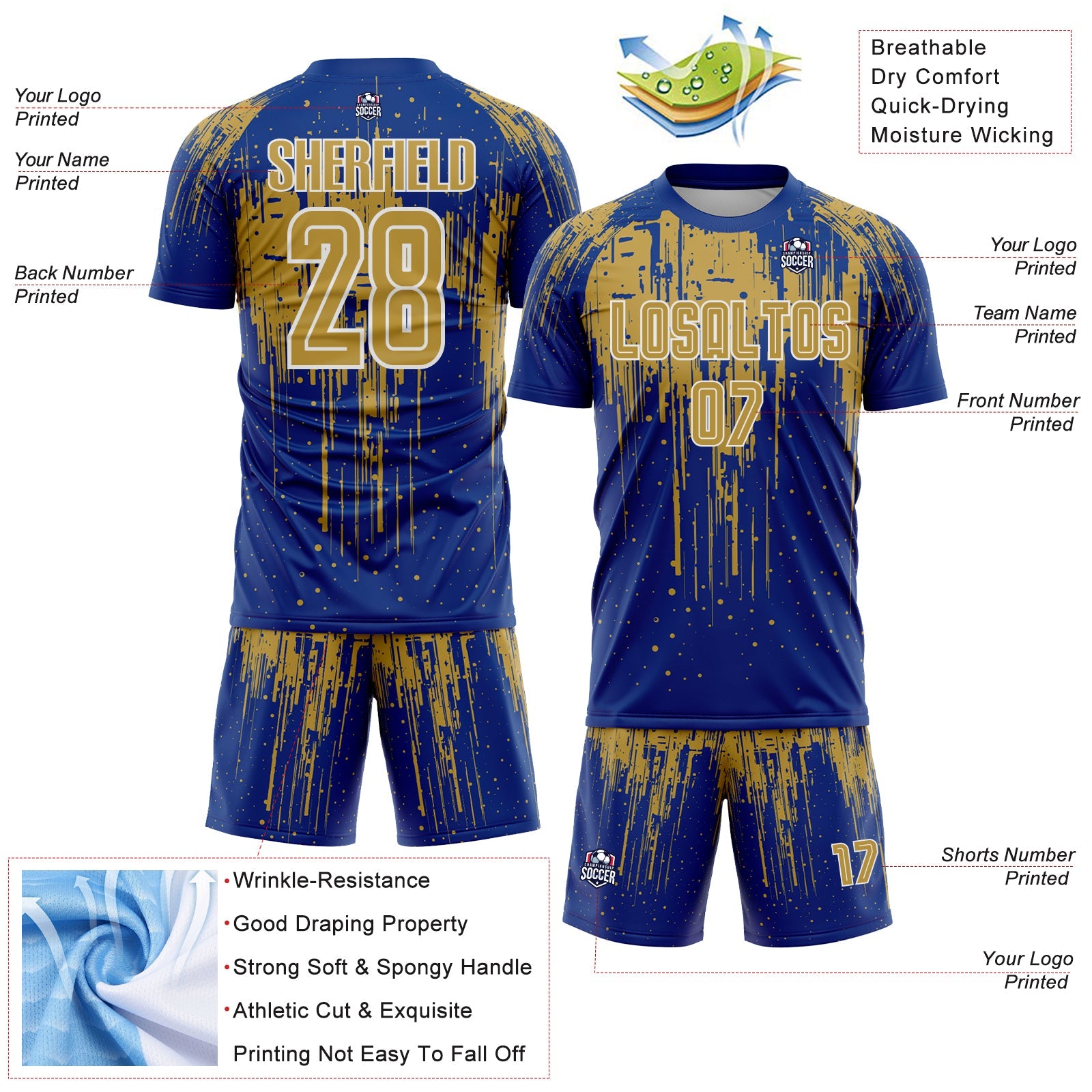 Custom Royal Old Gold-White Dripping Splatte Pattern Sports Sublimation Soccer Uniform Jersey