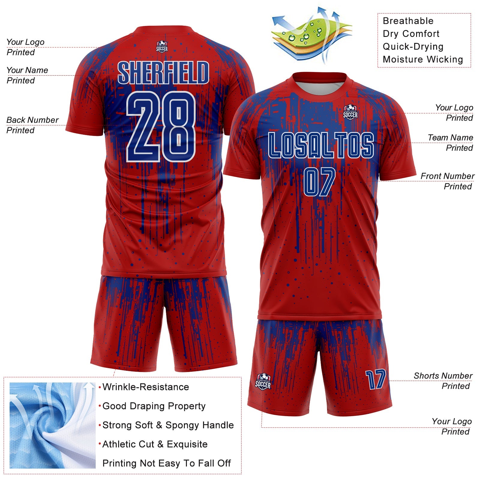 Custom Red Royal-White Dripping Splatte Pattern Sports Sublimation Soccer Uniform Jersey