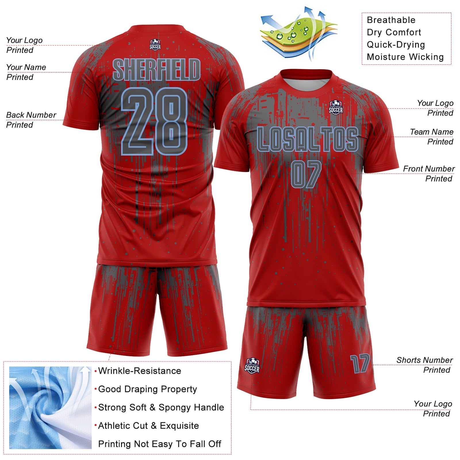 Custom Red Steel Gray-Light Blue Dripping Splatte Pattern Sports Sublimation Soccer Uniform Jersey
