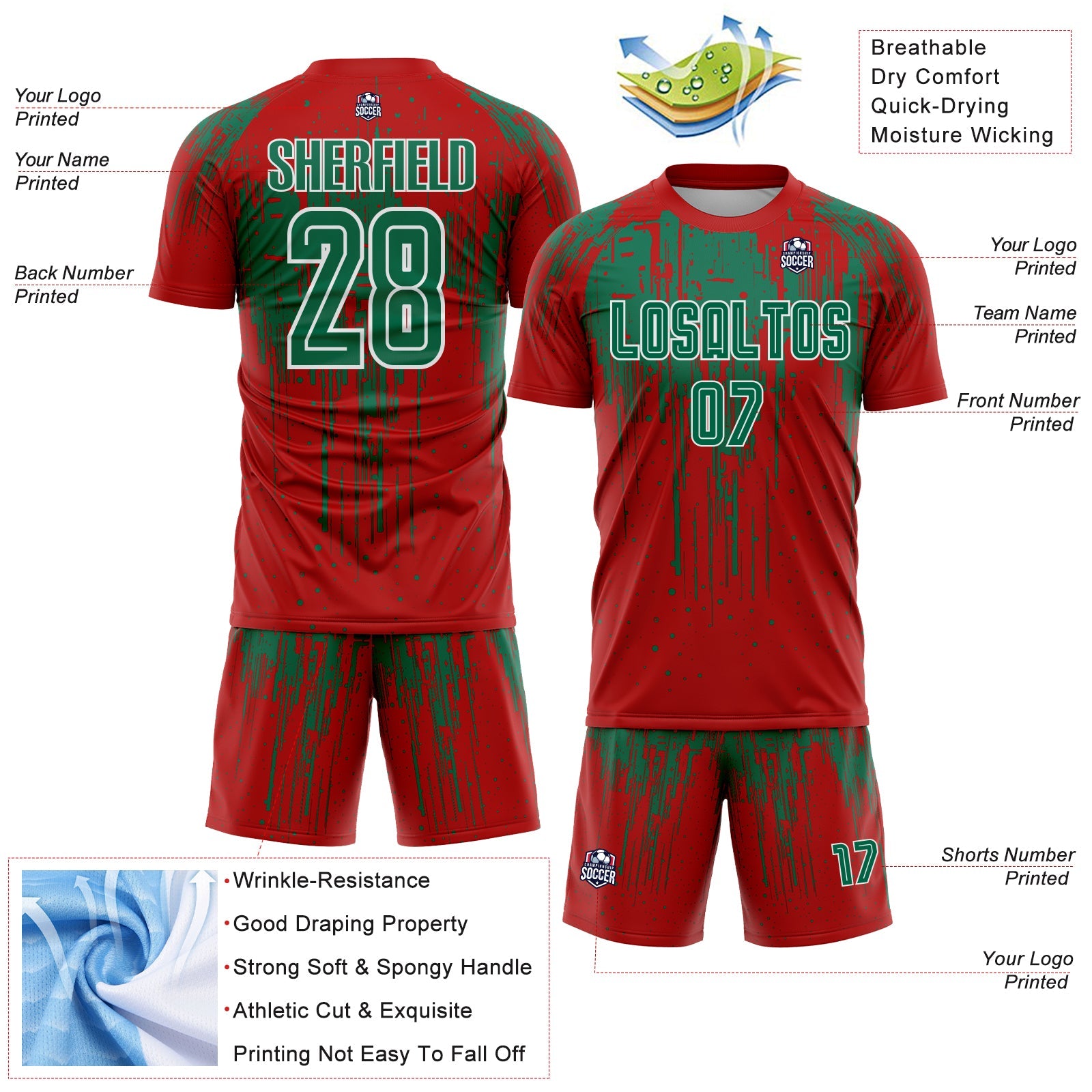 Custom Red Kelly Green-White Dripping Splatte Pattern Sports Sublimation Soccer Uniform Jersey