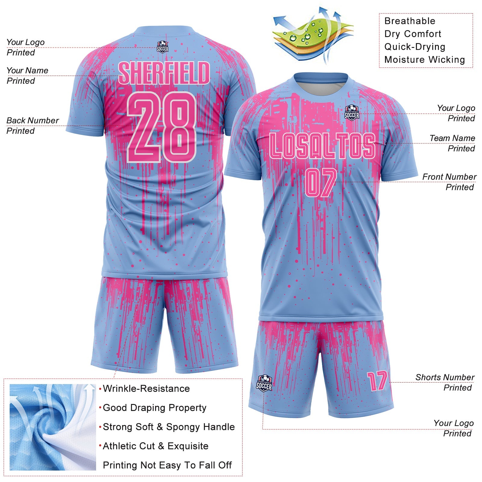 Custom Light Blue Pink-White Dripping Splatte Pattern Sports Sublimation Soccer Uniform Jersey