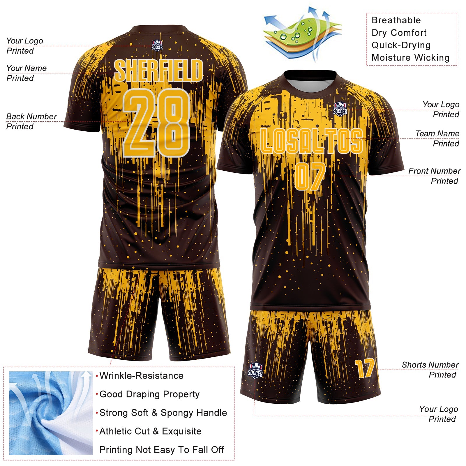 Custom Brown Gold-White Dripping Splatte Pattern Sports Sublimation Soccer Uniform Jersey
