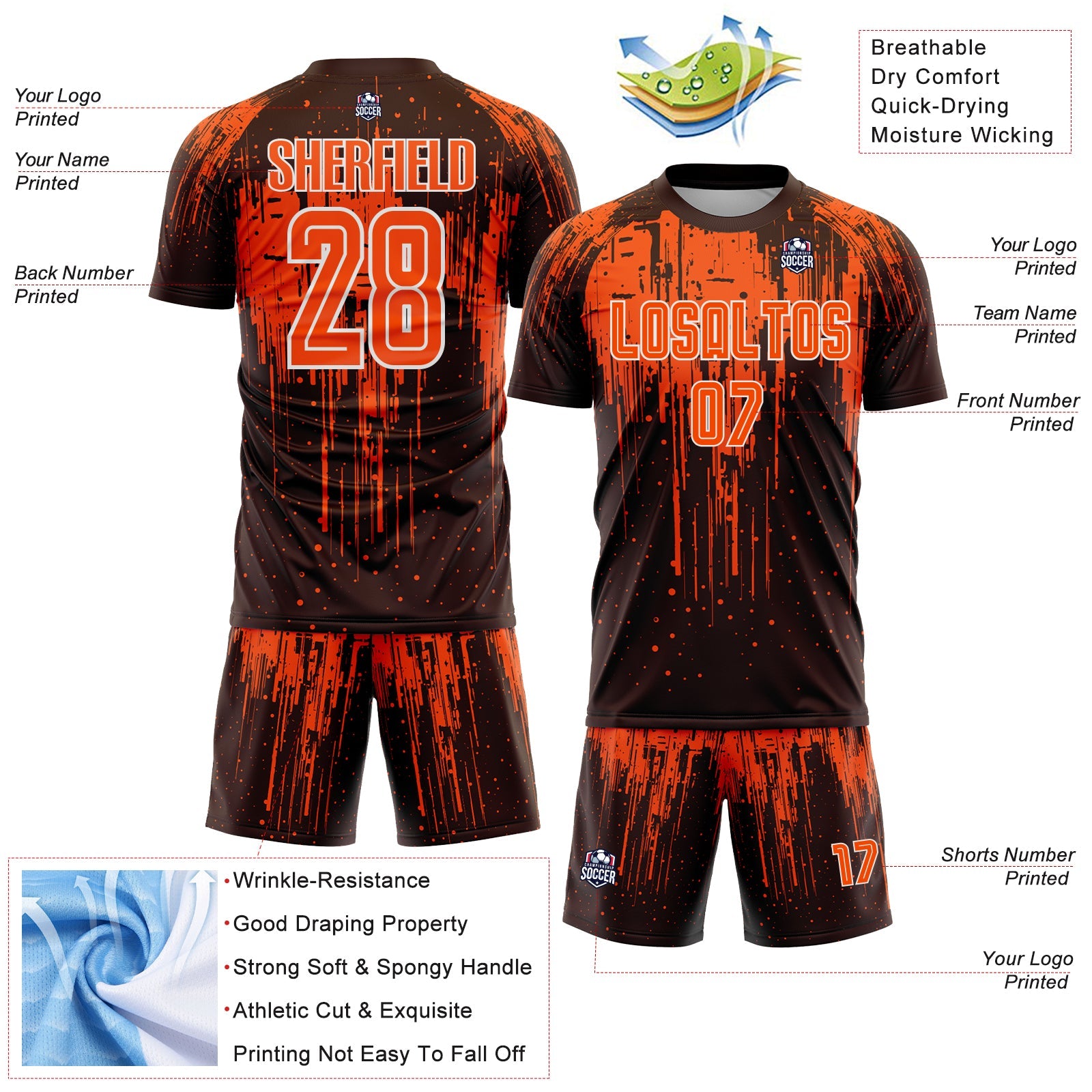 Custom Brown Orange-White Dripping Splatte Pattern Sports Sublimation Soccer Uniform Jersey