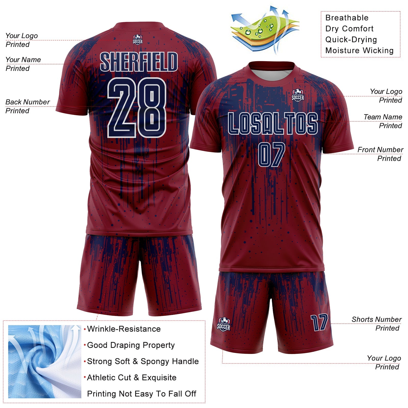 Custom Crimson Navy-White Dripping Splatte Pattern Sports Sublimation Soccer Uniform Jersey