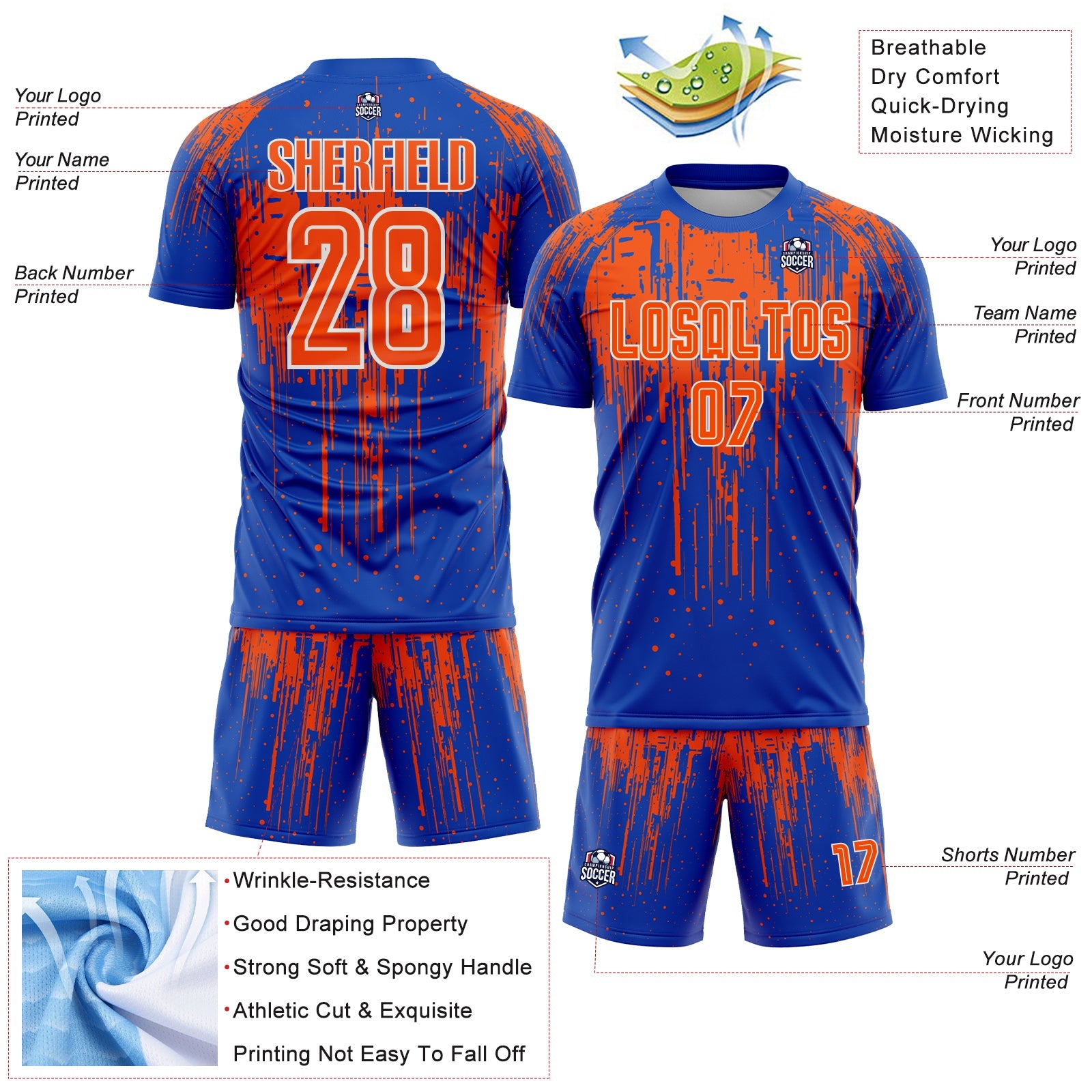 Custom Thunder Blue Orange-White Dripping Splatte Pattern Sports Sublimation Soccer Uniform Jersey