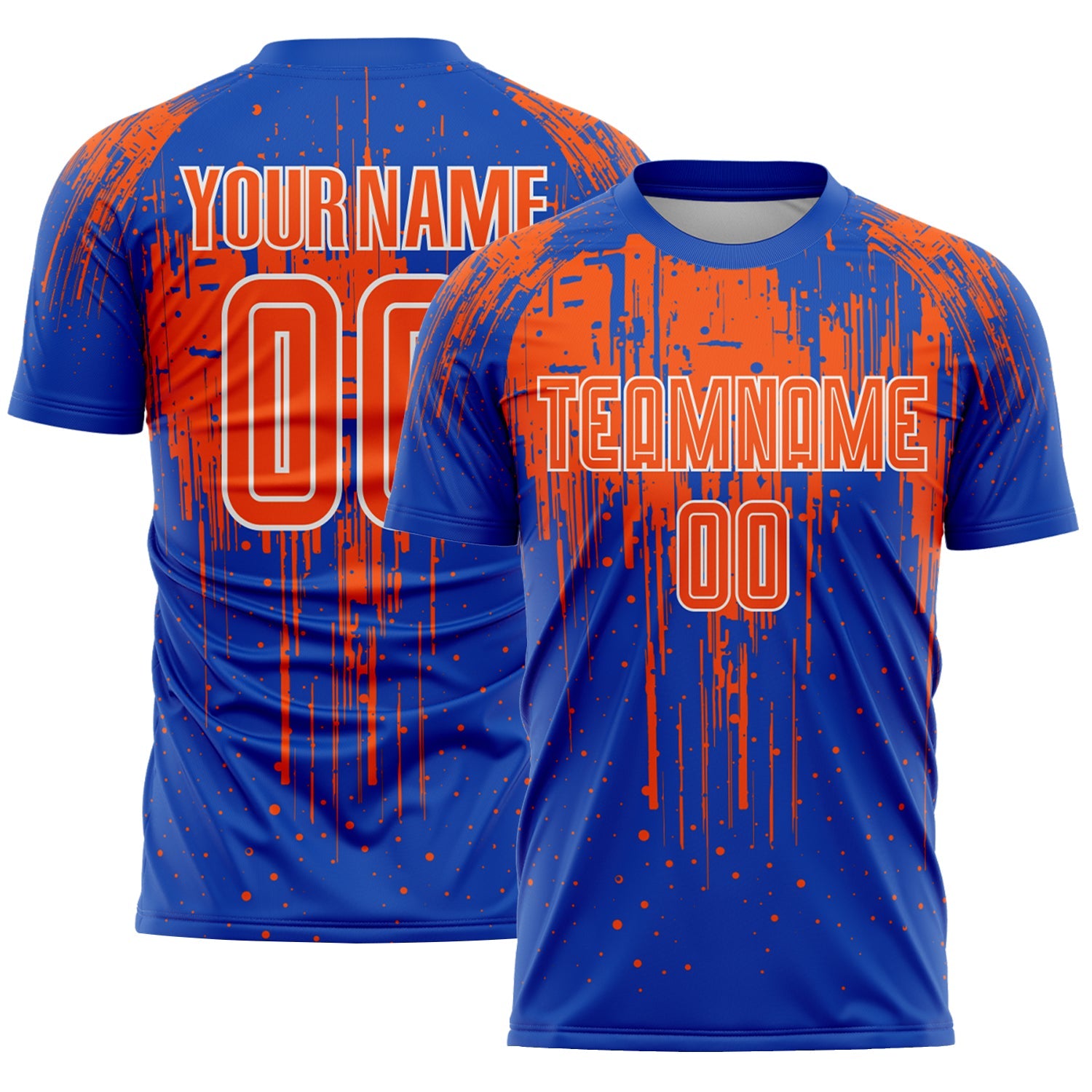 Custom Thunder Blue Orange-White Dripping Splatte Pattern Sports Sublimation Soccer Uniform Jersey