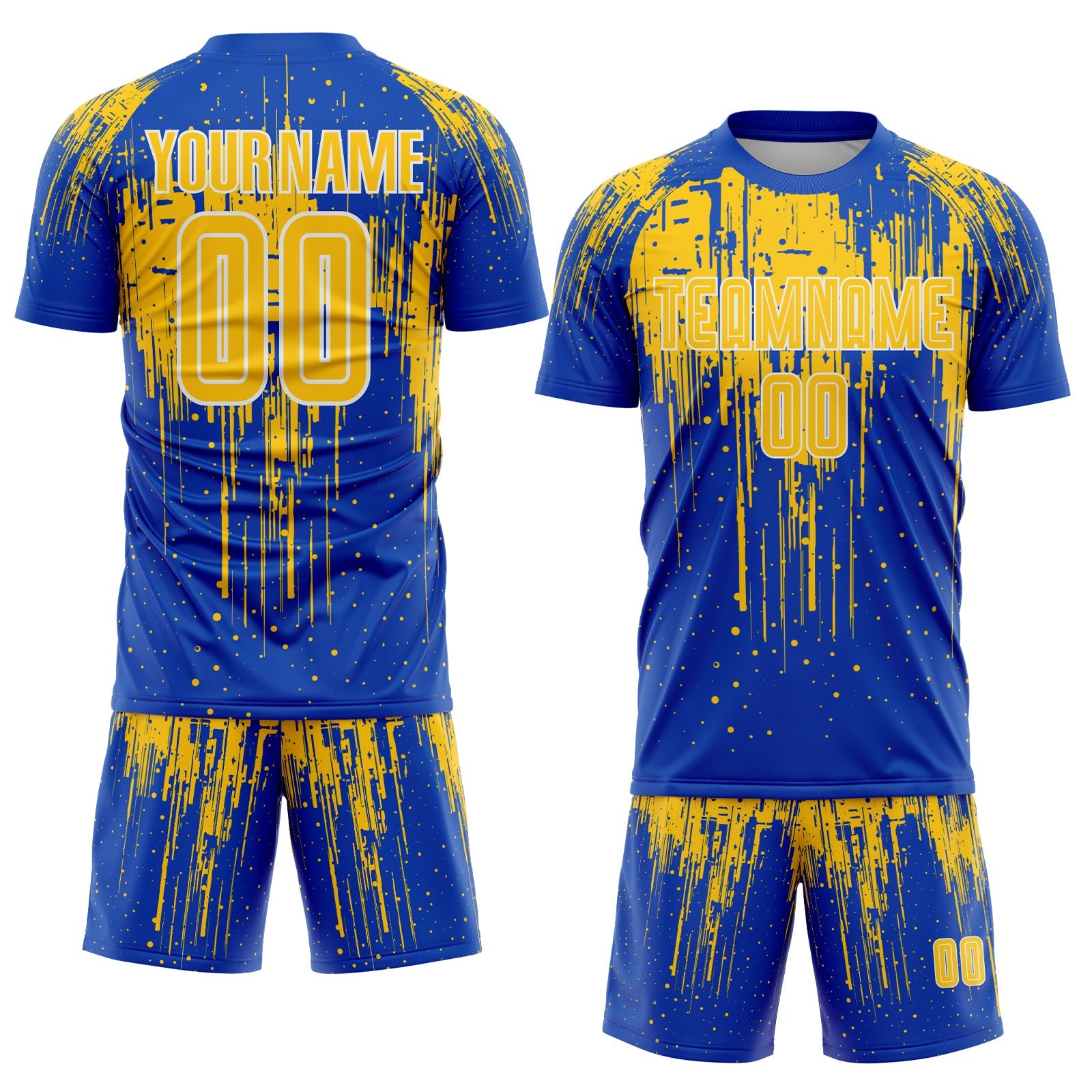 Custom Thunder Blue Yellow-White Dripping Splatte Pattern Sports Sublimation Soccer Uniform Jersey