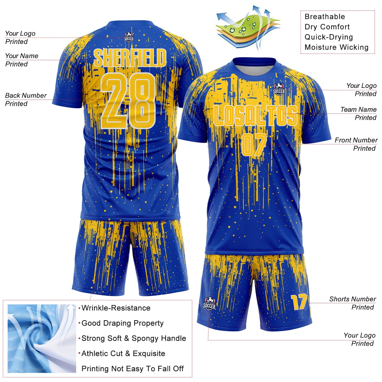 Custom Thunder Blue Yellow-White Dripping Splatte Pattern Sports Sublimation Soccer Uniform Jersey
