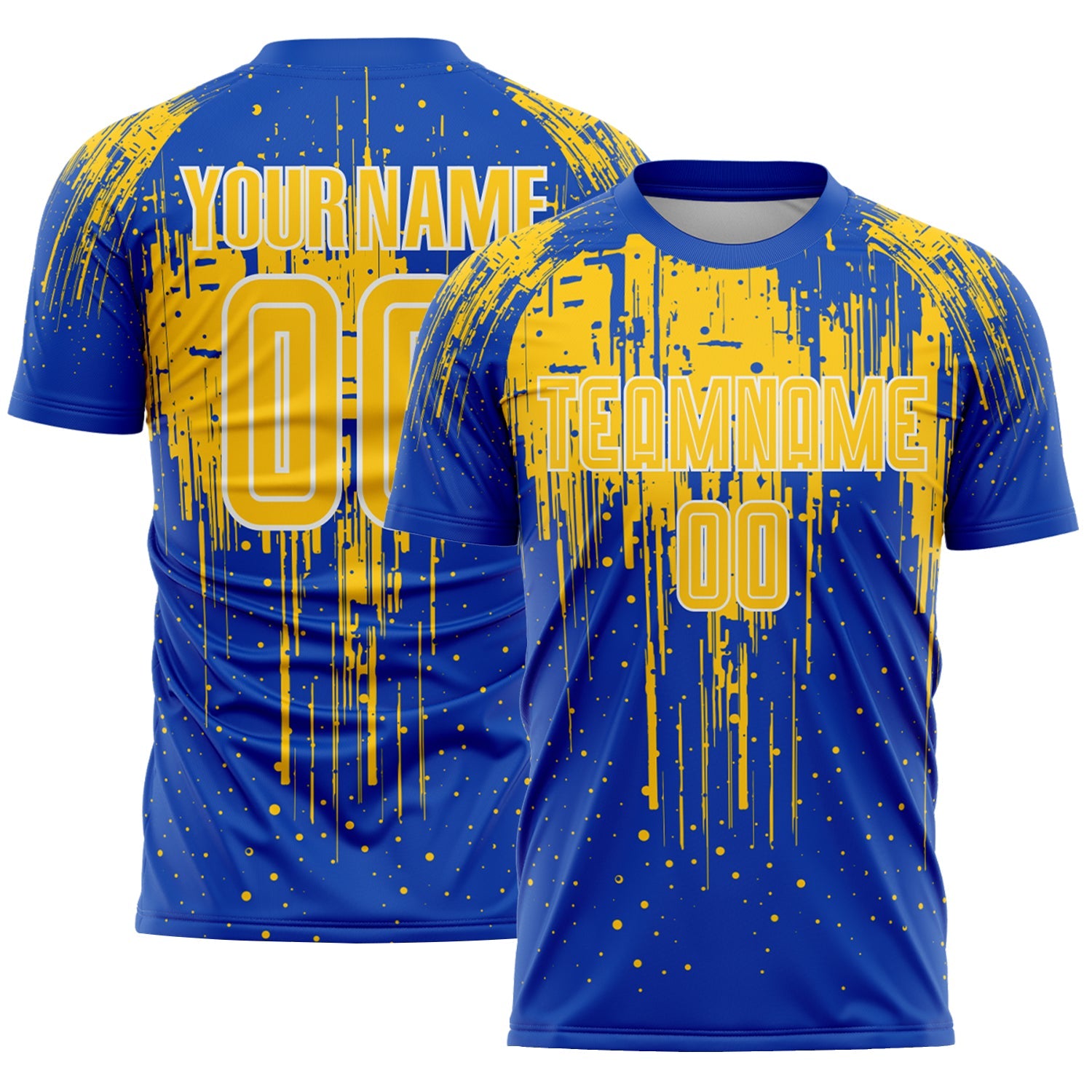 Custom Thunder Blue Yellow-White Dripping Splatte Pattern Sports Sublimation Soccer Uniform Jersey