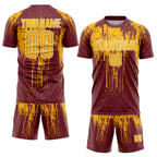 Custom Burgundy Gold-White Dripping Splatte Pattern Sports Sublimation Soccer Uniform Jersey