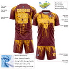 Custom Burgundy Gold-White Dripping Splatte Pattern Sports Sublimation Soccer Uniform Jersey