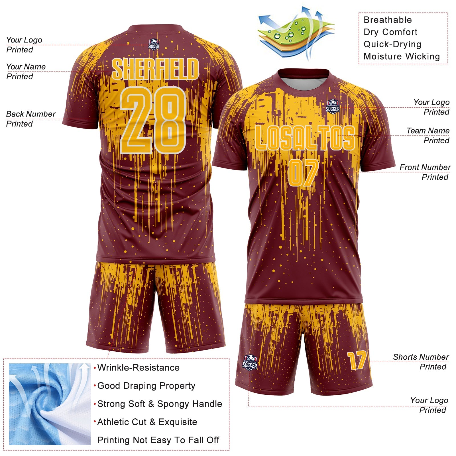 Custom Burgundy Gold-White Dripping Splatte Pattern Sports Sublimation Soccer Uniform Jersey