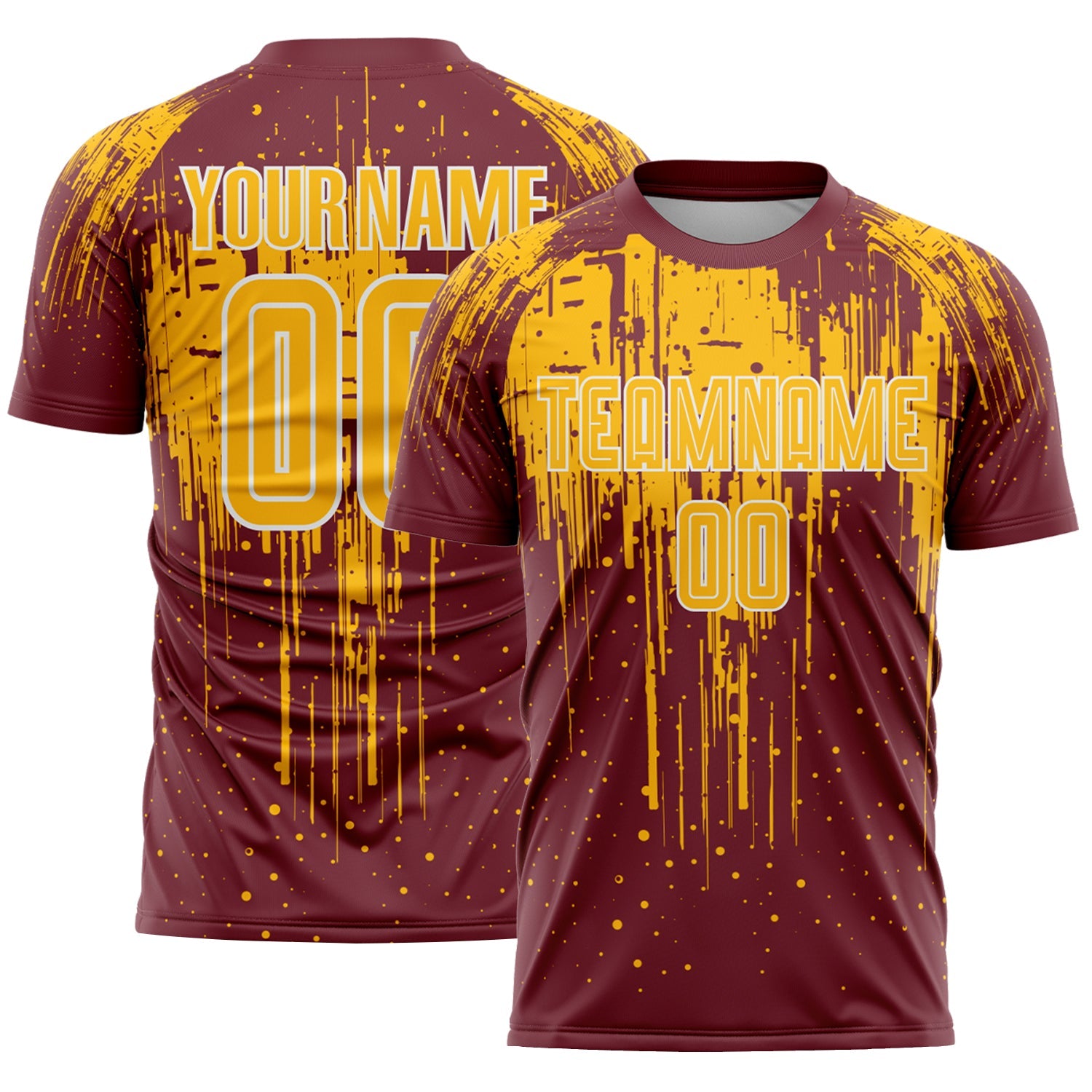 Custom Burgundy Gold-White Dripping Splatte Pattern Sports Sublimation Soccer Uniform Jersey