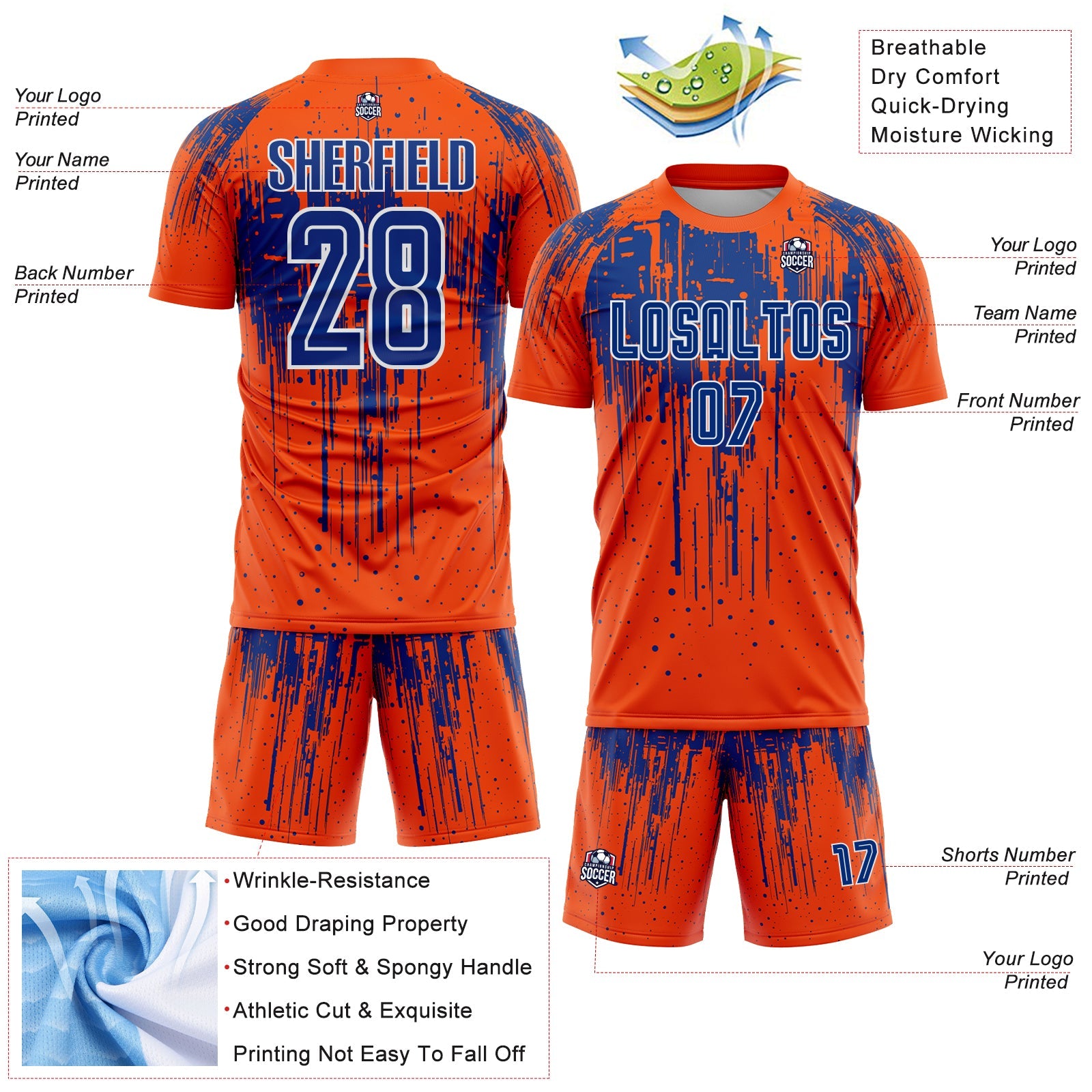 Custom Orange Royal-White Dripping Splatte Pattern Sports Sublimation Soccer Uniform Jersey