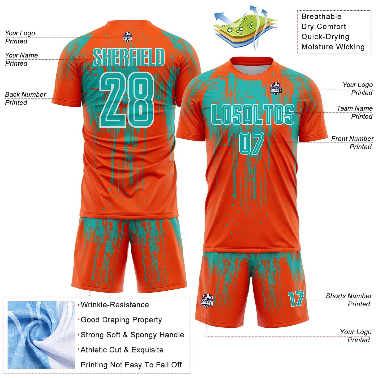 Custom Orange Aqua-White Dripping Splatte Pattern Sports Sublimation Soccer Uniform Jersey