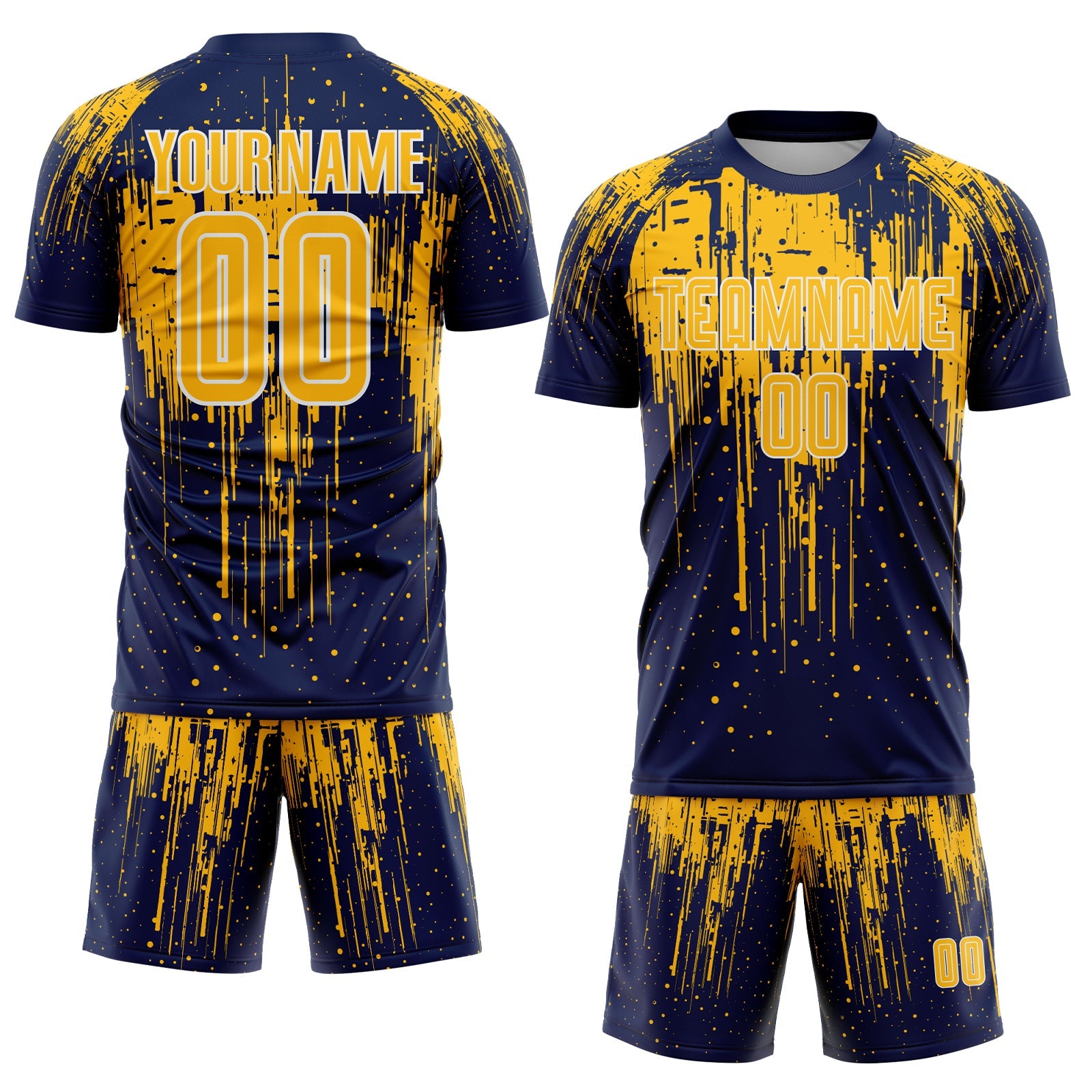 Custom Navy Gold-White Dripping Splatte Pattern Sports Sublimation Soccer Uniform Jersey