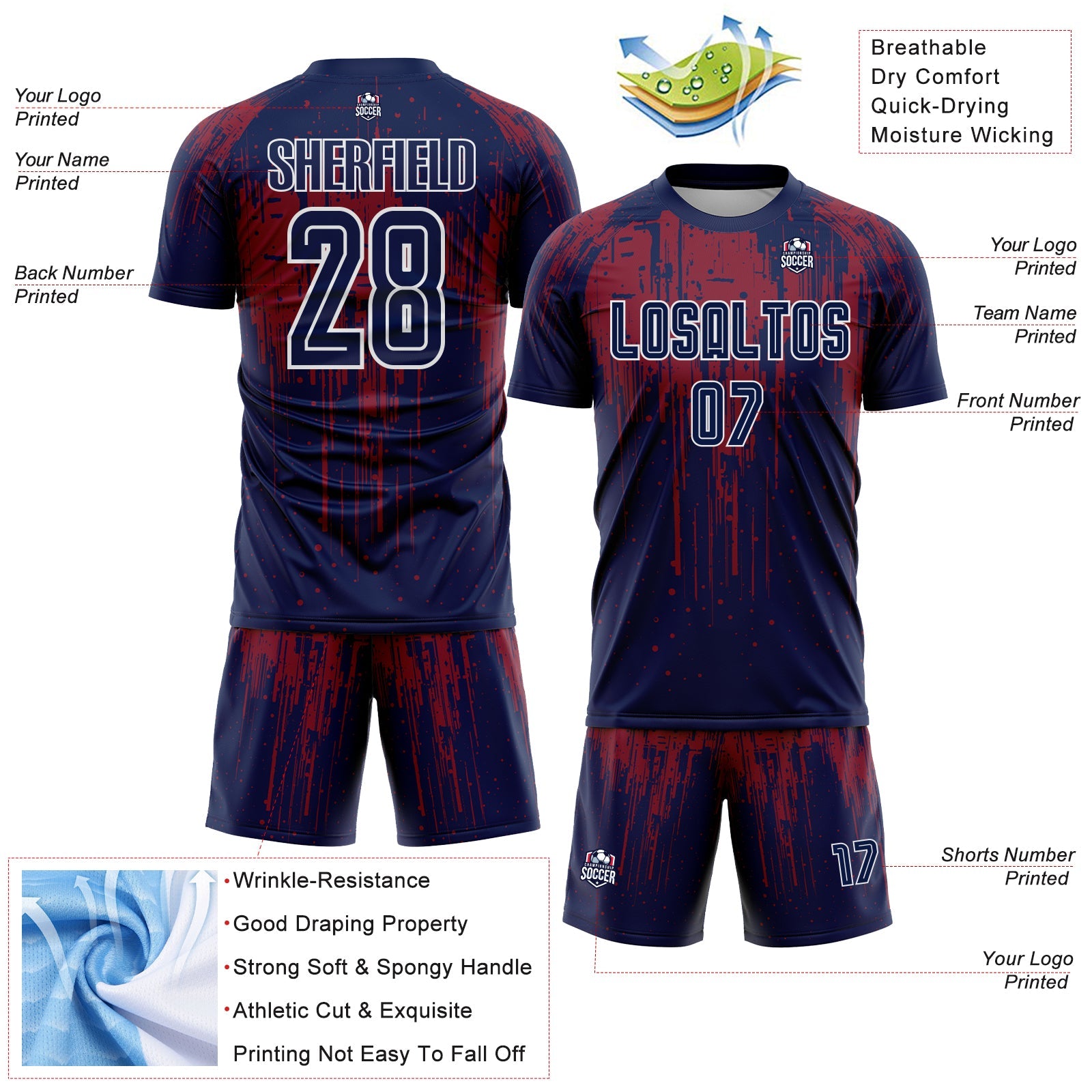 Custom Navy Crimson-White Dripping Splatte Pattern Sports Sublimation Soccer Uniform Jersey